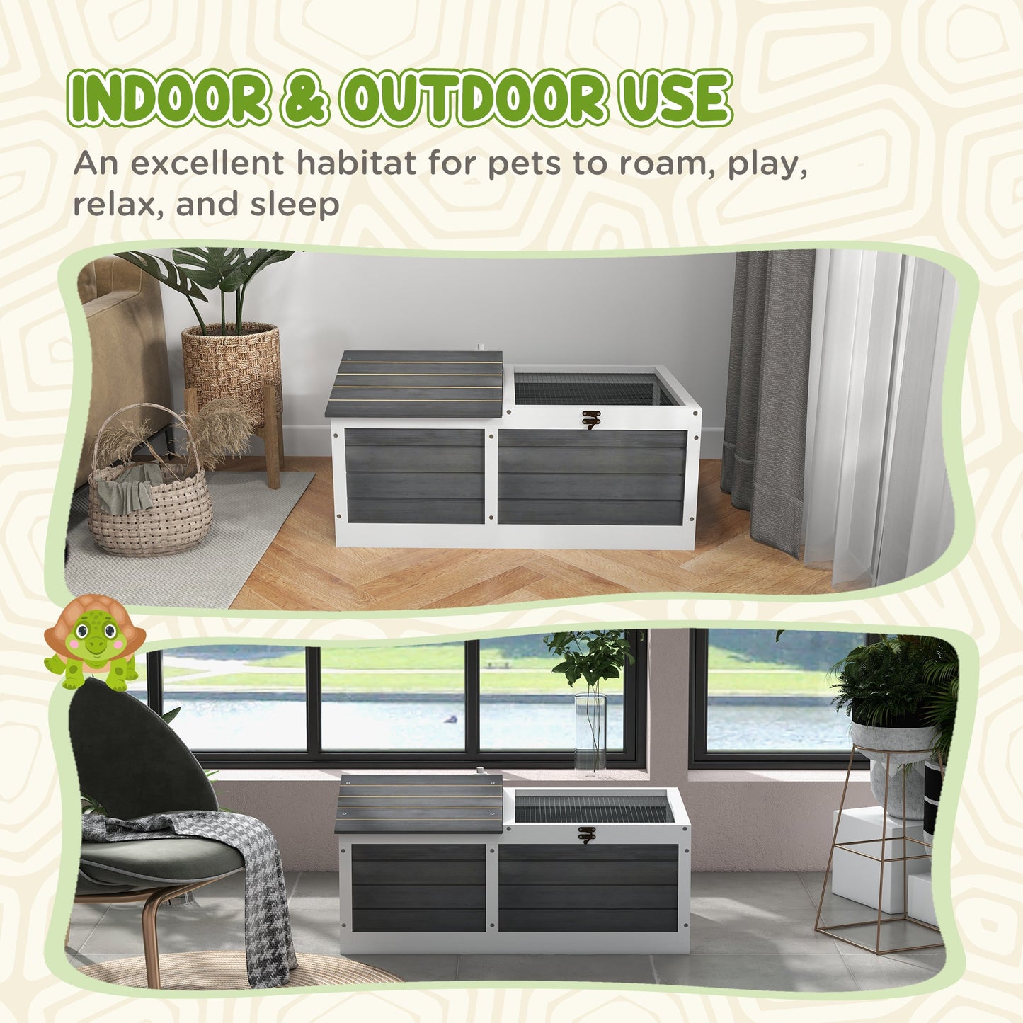 Wooden Tortoise House, Tortoise Table with Hide Shelter Run, Openable Top, Tray, Dark Grey
