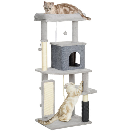 Cat Tree for Indoor Cats, 132cm Cat Tower with Scratching Posts and Pad, Cat Bed, Cat House, Jumping Platform, Grooming Brush, Toy Balls, Anti-Tip Kit, Cat Climbing Frame, Light Grey
