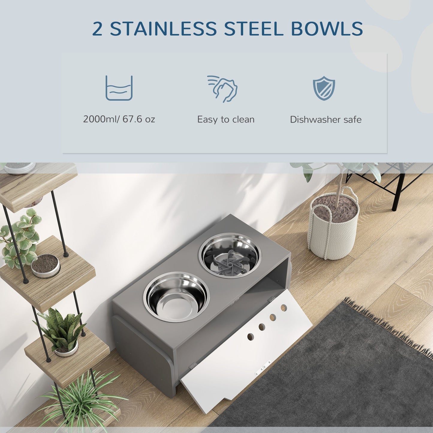 Raised Dog Bowls with Stand, 3 Height Adjustable Dog Feeding Storage Station with Slow Feeder Mat, 2 x 2000mL Stainless Steel Bowls for Medium to Extra Large Dogs - Grey