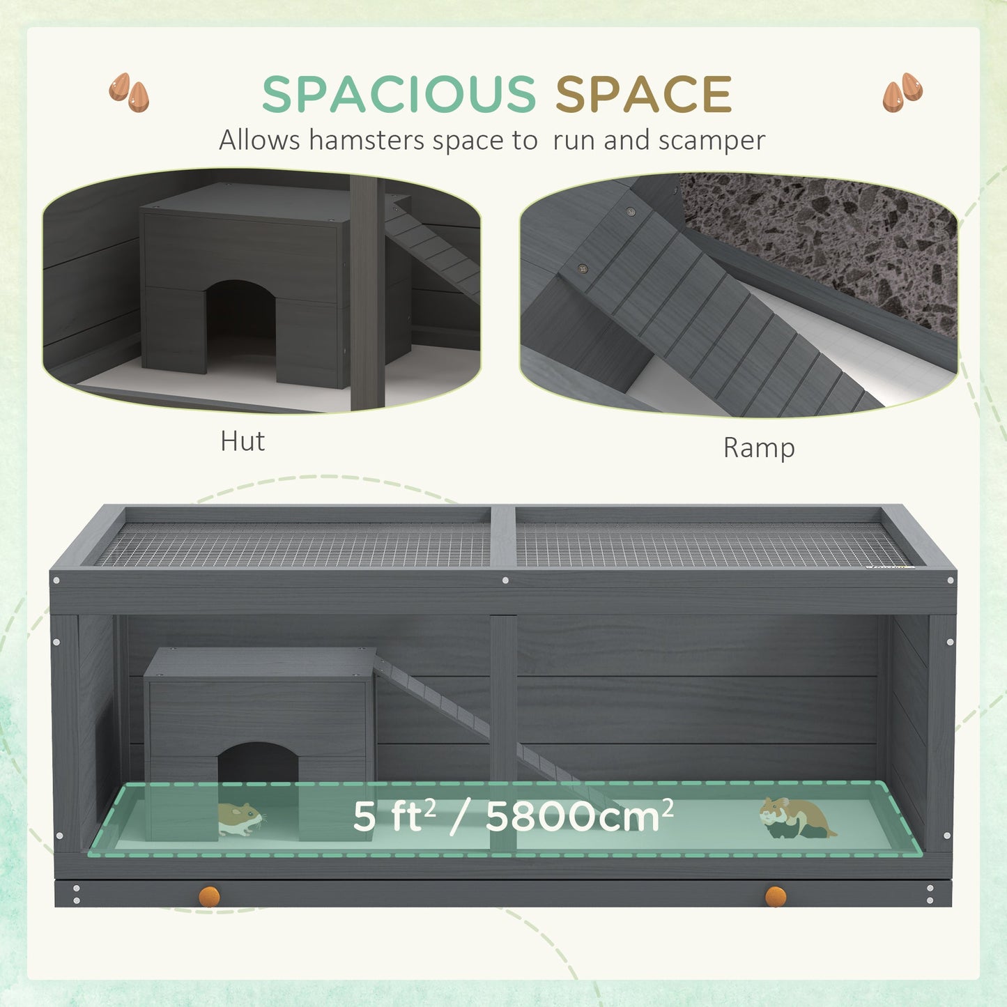 Wooden Hamster Cage, Small Animal Cage with Sliding Tray, Openable Top, Hut, Exercise Play House for Syrian Hamsters, Grey