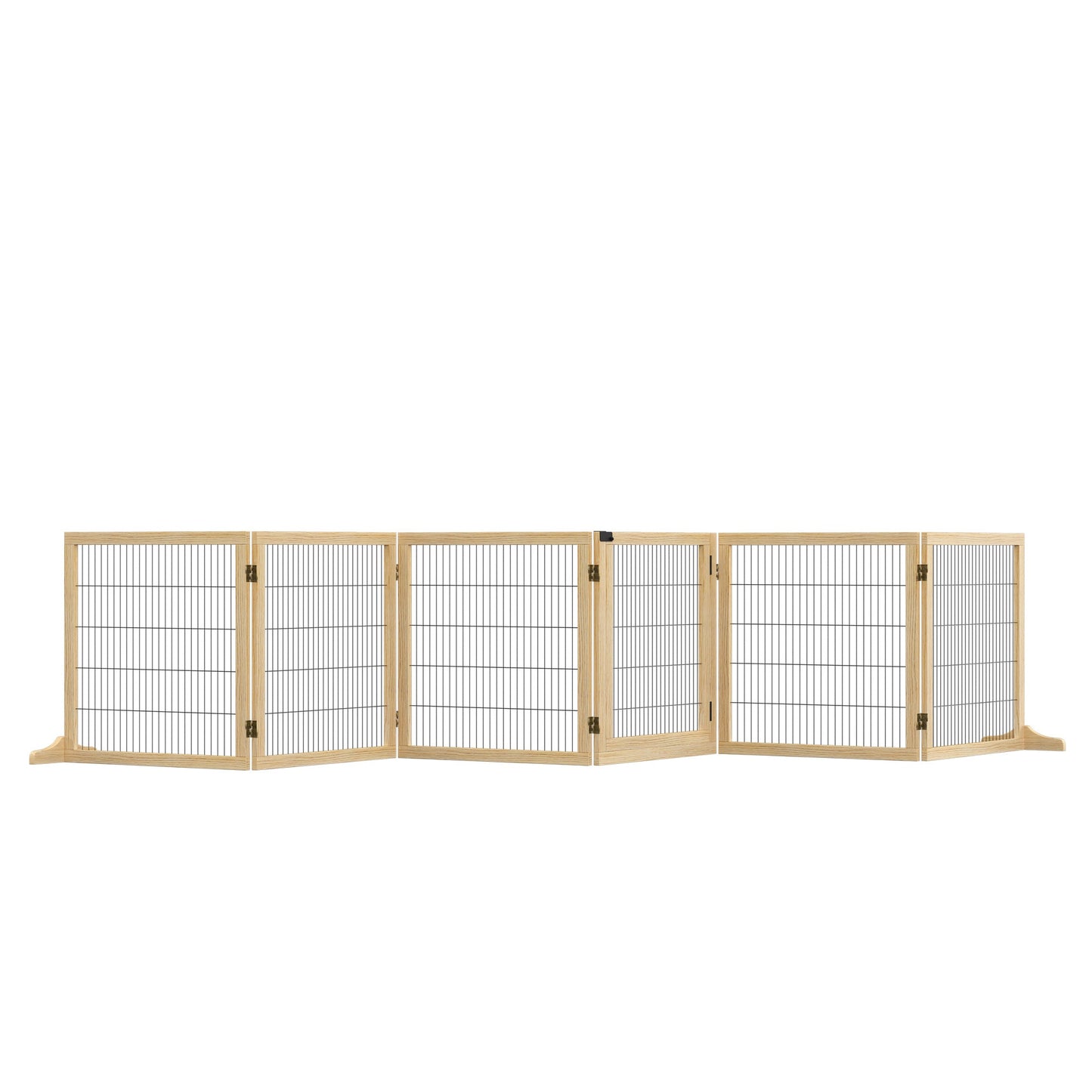 Freestanding Pet Gate, 6 Panel Foldable Playpen, Wooden Dog Gate with 2 Support Feet, for Stairs, Doorway - Natural Tone