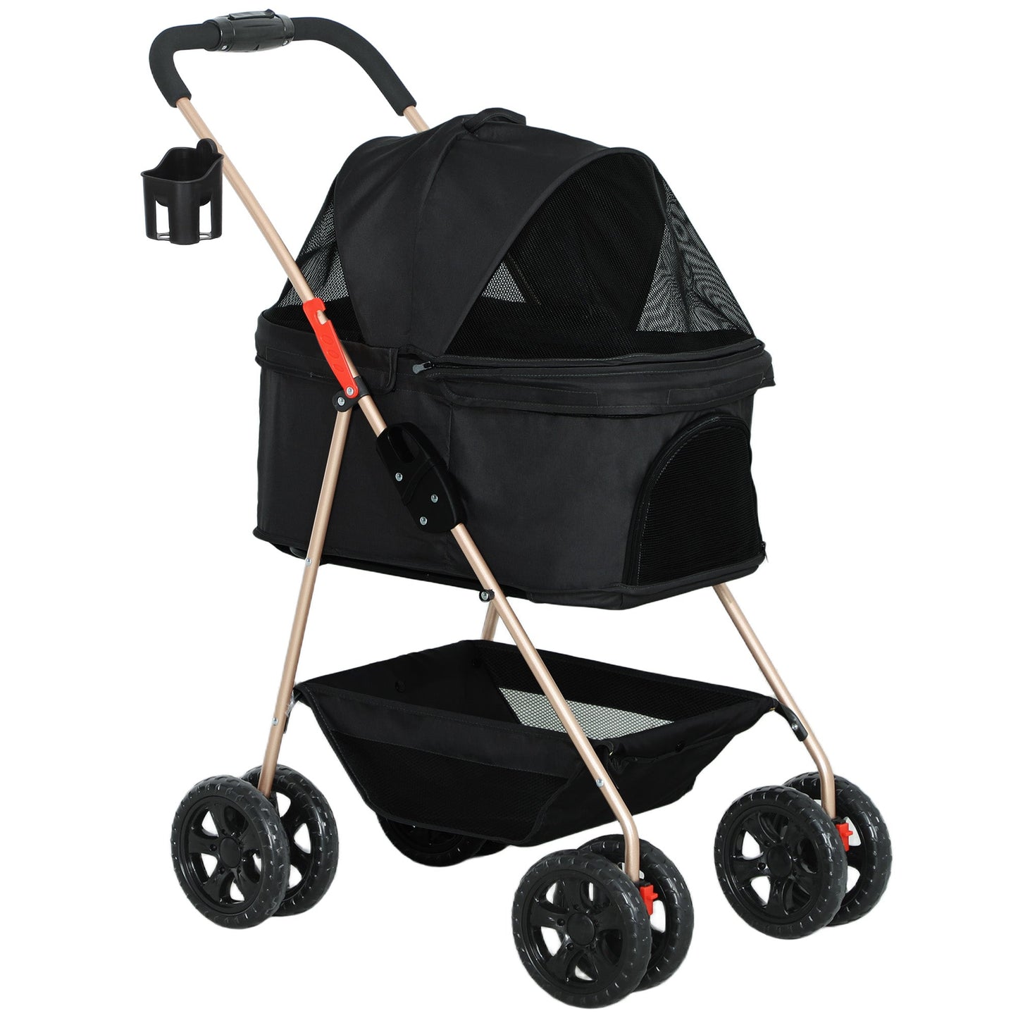 Pet Stroller, 3 in 1 Folding Dog Stroller Pram w/ 4 Wheels, Detachable Carrier, Storage Basket, Cup Holder, Safety Leashes, for Mini Dogs, Cats, Black