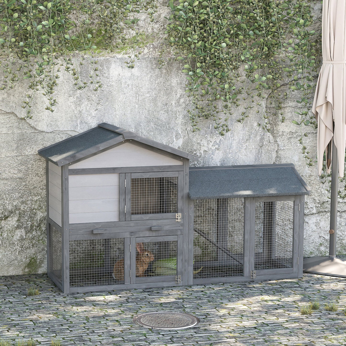 Wooden Rabbit Hutch Outdoor, Double Tier Guinea Pig Hutch, Small Animal House Water-Resistant Roof Ramp 147 x 54 x 84 cm, Grey