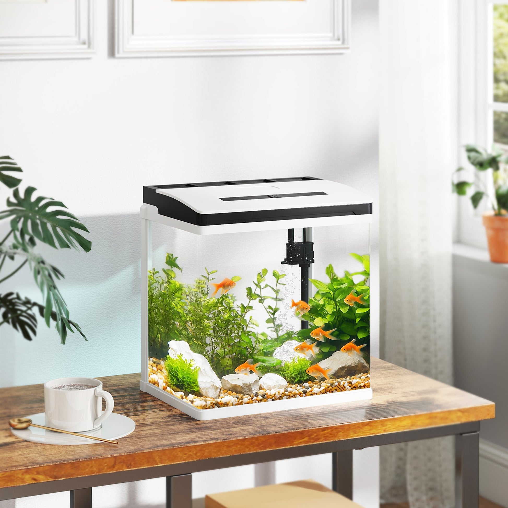 Aquarium, 13L Glass Fish Tank with Filter, LED Lighting, Water Pump, for Bettas, Guppies, Mini Parrot Fishes, Shrimp, Goldfish, 29 x 20 x 30.5cm