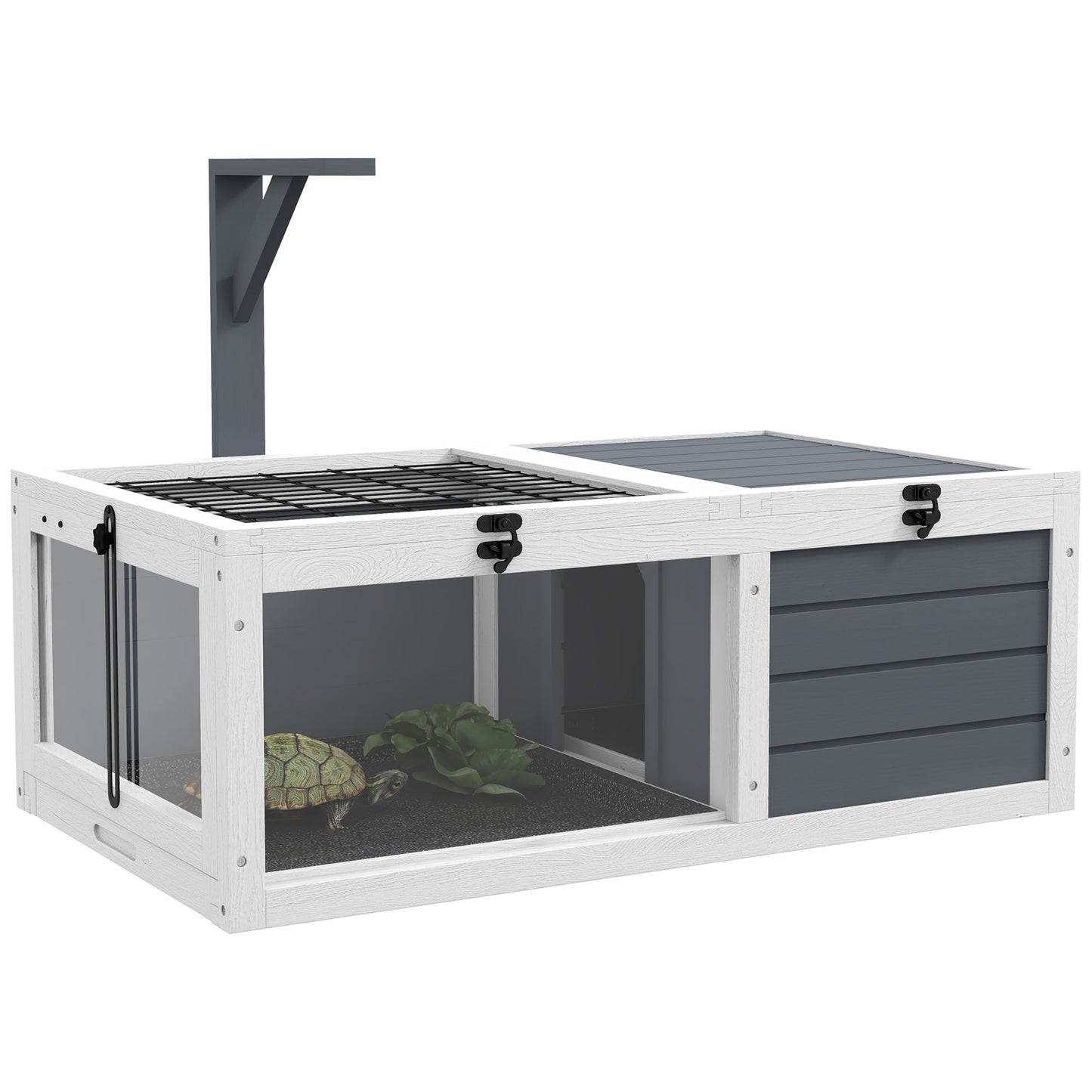 Tortoise House, Wooden Tortoise Table, Tortoise Enclosure with Wooden Lamp Holder, Openable Lids, Pull-Out Trays - Grey