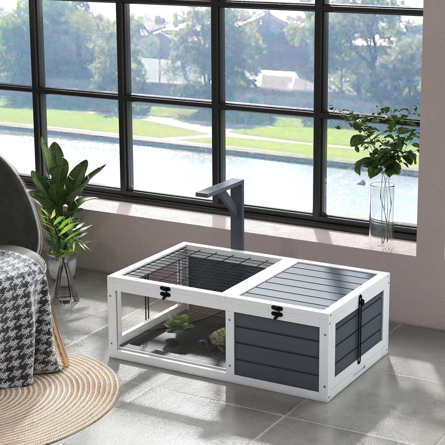 Tortoise House, Wooden Tortoise Table, Tortoise Enclosure with Wooden Lamp Holder, Openable Lids, Pull-Out Trays - Grey