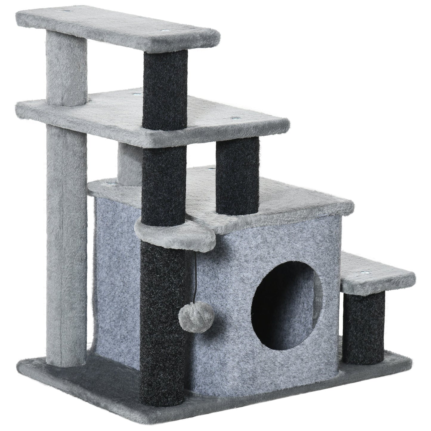Dog Steps for Bed, 4 Step Pet Stairs with Cat House, Detachable Cover, Jute Scratching Post, Cat Climb ladder for Sofa w/ Hanging Balls - Grey