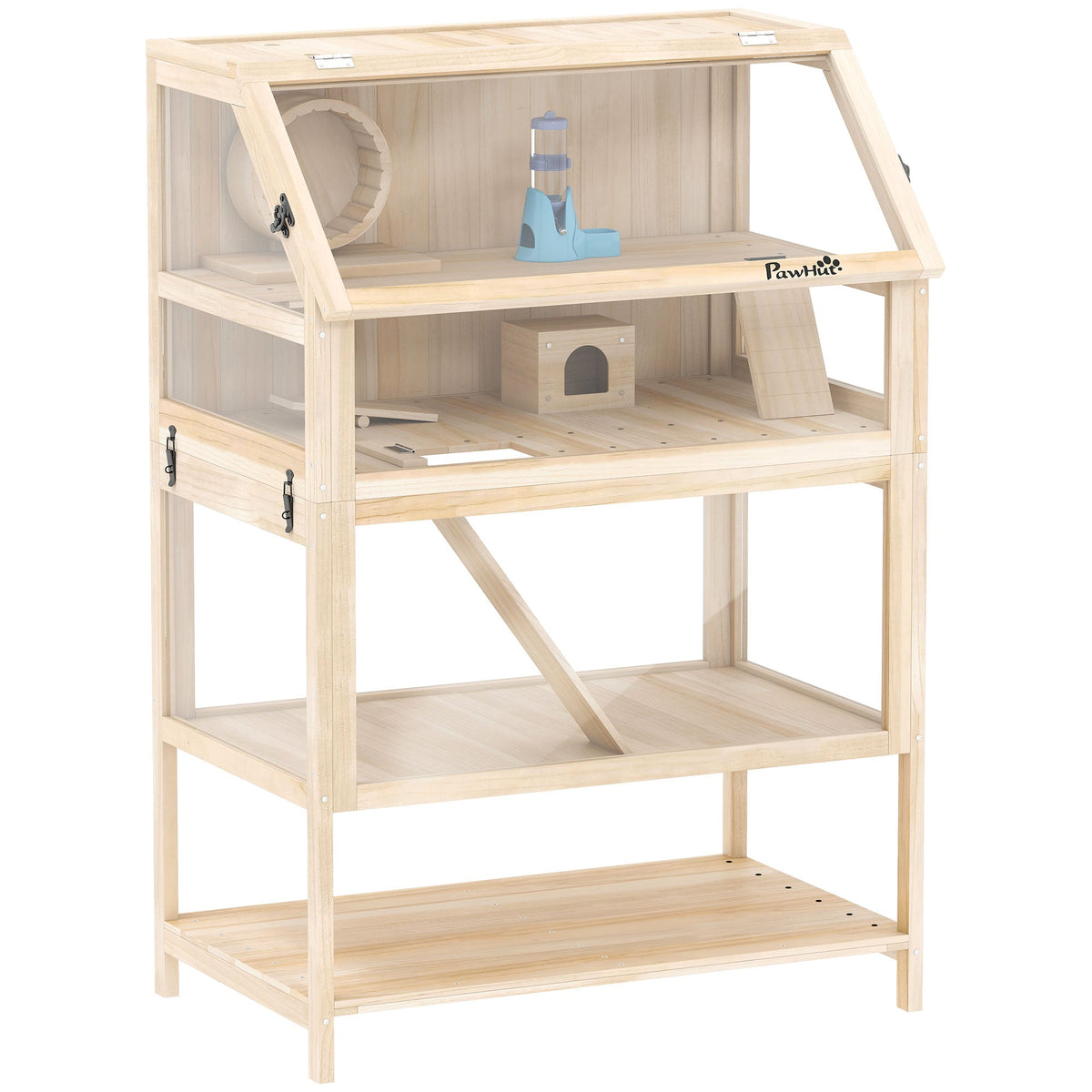 Wooden Hamster Cage, 3 Tier Small Animal Cage with Detachable Lower Floor, Storage Shelf, Hut, Seesaw, Exercise Wheel, Ramps, Hamster Habitat for Dwarf, Gerbil, 80L x 53W x 117H cm, Natural