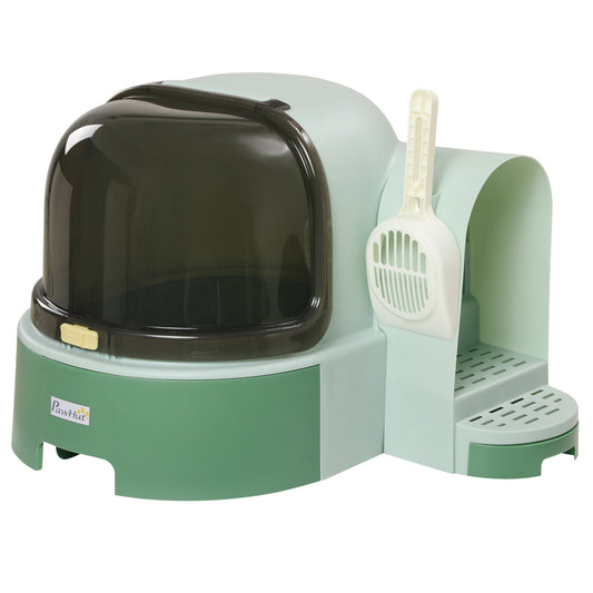 2 in 1 Cat Litter Box Cat House, Hooded Cat Litter Tray, with Drawer Pans, Scoop, Openable Cover - Green