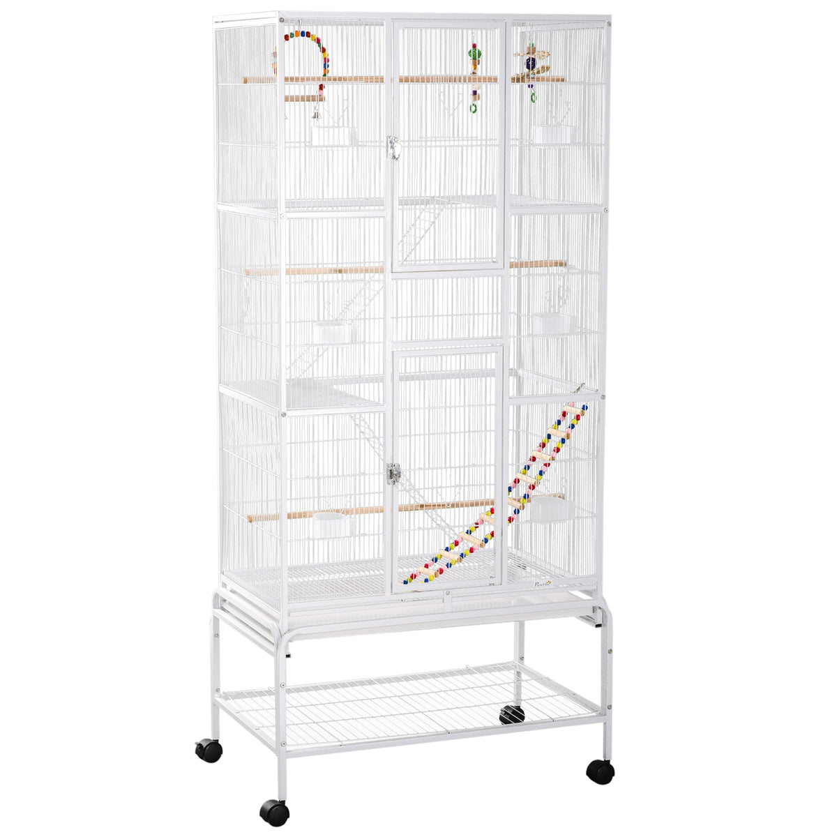 Large Bird Cage Budgie Cage 3 Tier Aviary with Stand Wheels, Toys, Ladders, Shelf for Canaries, Finches, Cockatiels, Parakeets - White