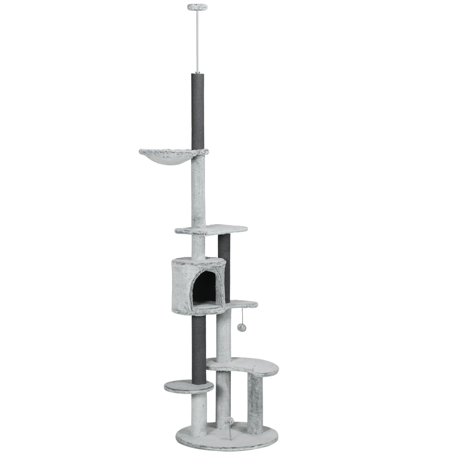 255cm Floor to Ceiling Cat Tree with Scratching Posts, Height Adjustable Cat Tower with Hammock, House, Anti-tipping Kit, Perches, Toys, Grey