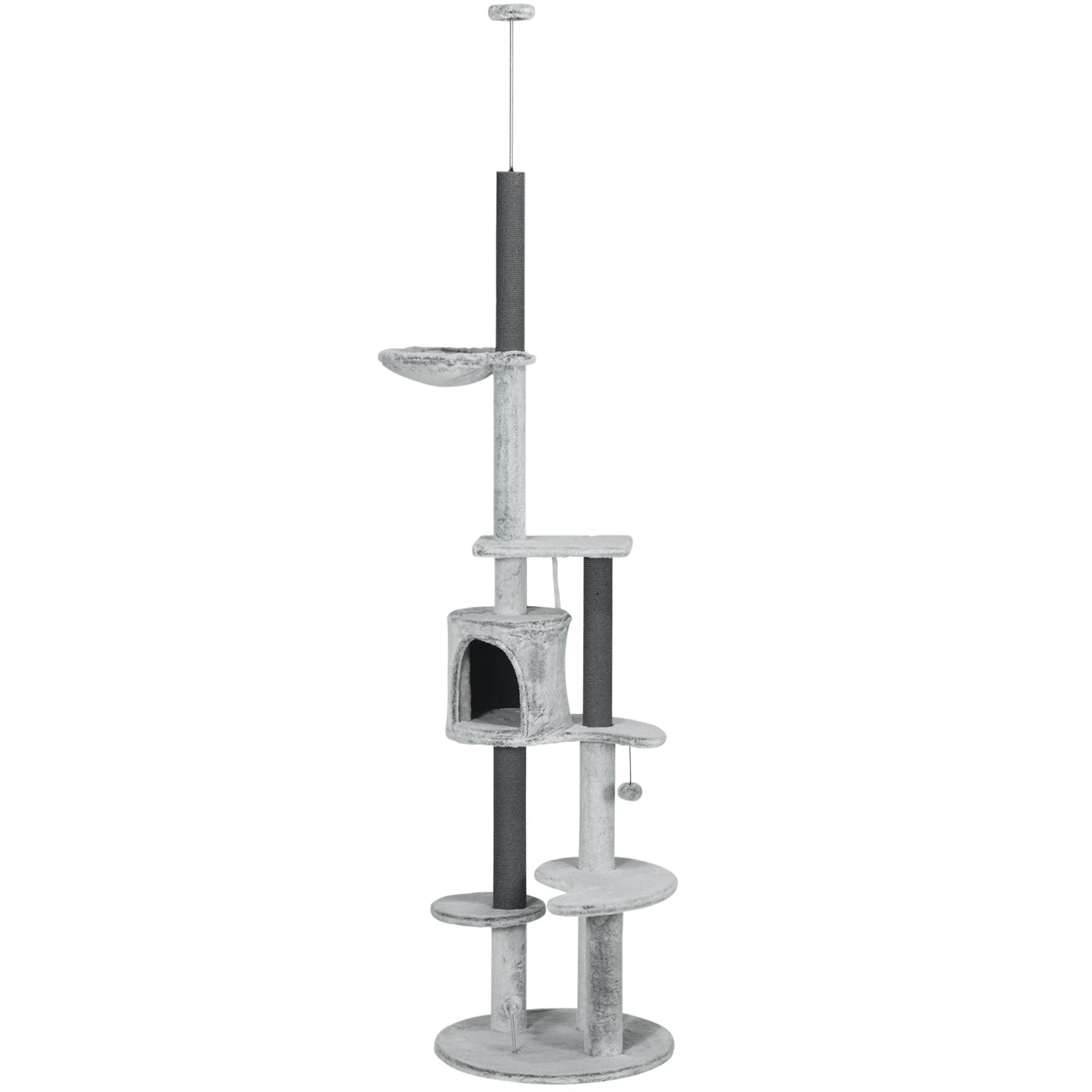 255cm Floor to Ceiling Cat Tree with Scratching Posts, Height Adjustable Cat Tower with Hammock, House, Anti-tipping Kit, Perches, Toys, Grey
