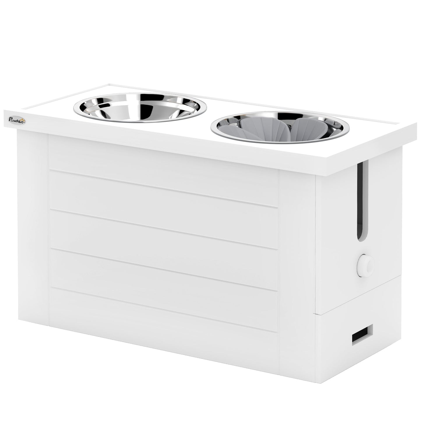 Raised Dog Bowls, Dog Feeding Station with Slow Feeder Mat, Storage Cabinet, 3 Stainless Steel Bowls, Semi-Auto Dispenser Function, for Large, Extra Large Breeds, White