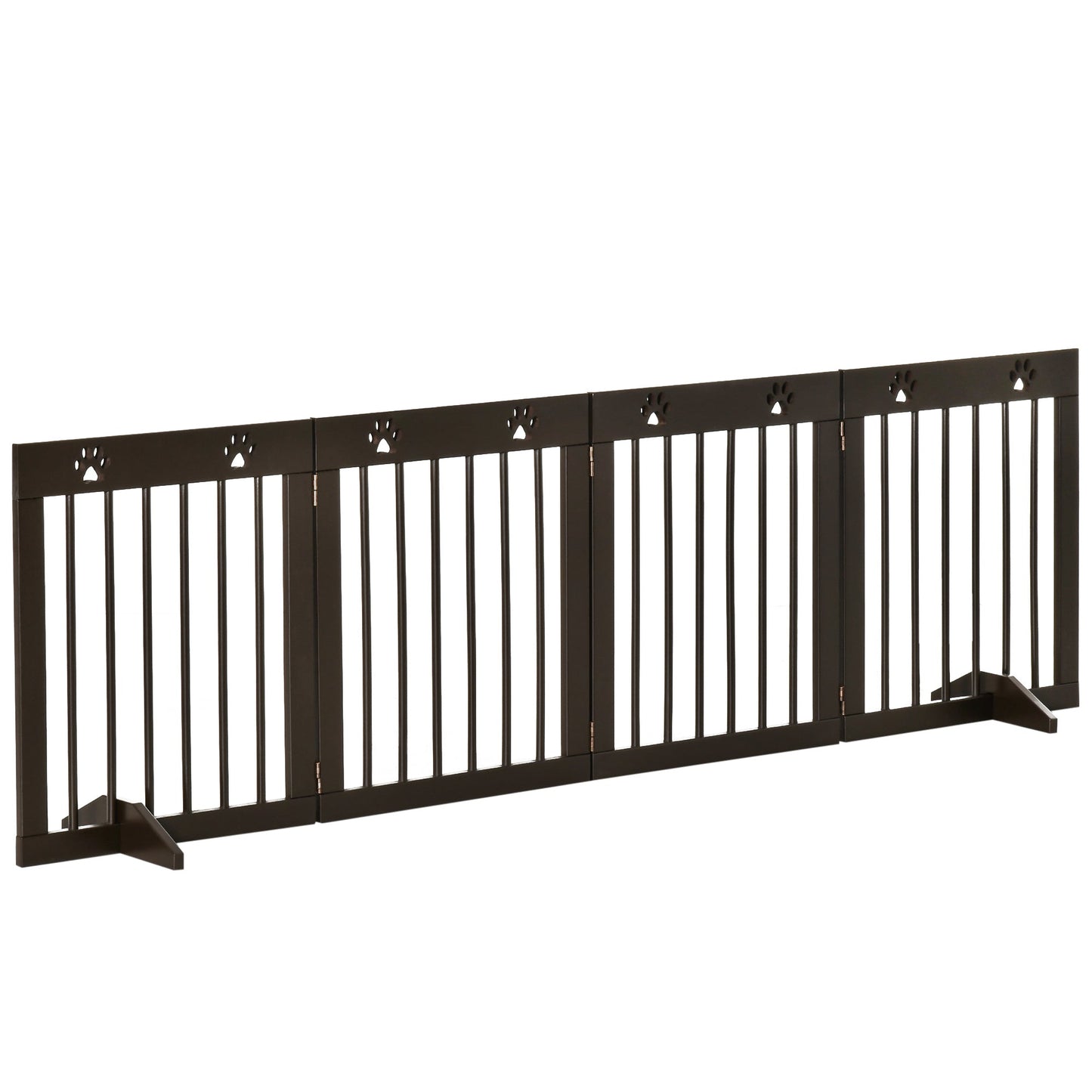 Freestanding Pet Gate 4 Panel Wooden Dog Barrier Folding Safety Fence with Support Feet up to 204cm Long 61cm Tall for Doorway Stairs Brown