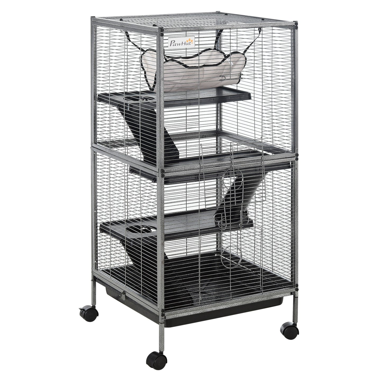 Small Animal Cage with Wheels Pet Home for Chinchillas Ferrets Kittens, with Hammock, 4 Platforms, Removable Tray, Silver