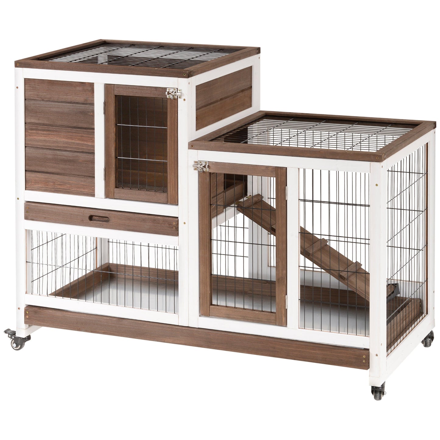 Wooden Indoor Rabbit Hutch Guinea Pig House Bunny Small Animal Cage W/ Wheels Enclosed Run 110 x 50 x 88 cm, Brown