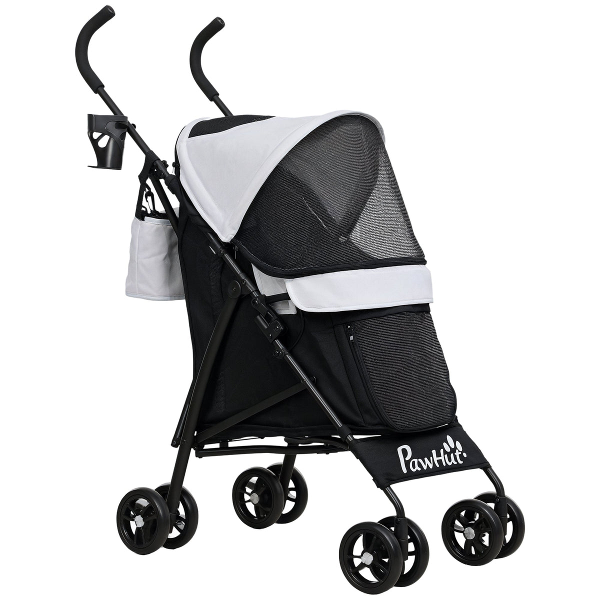 Pet stroller for Miniature Dogs, Foldable Dog Stroller with Shoulder Strap, 4 Wheels Pet Pram with Storage Bag, Cup Holder, Light Grey
