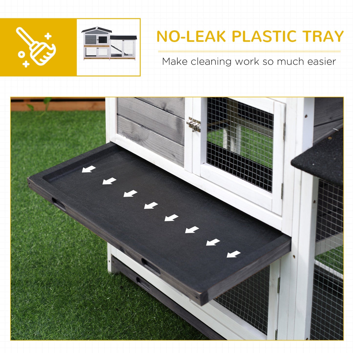 Rabbit Hutch Guinea Pig Hutch Wooden House with Run, 2 Tier Pet Cage Outdoor with No-leak Plastic Trays, 157.4 x 53 x 93.5cm, Grey