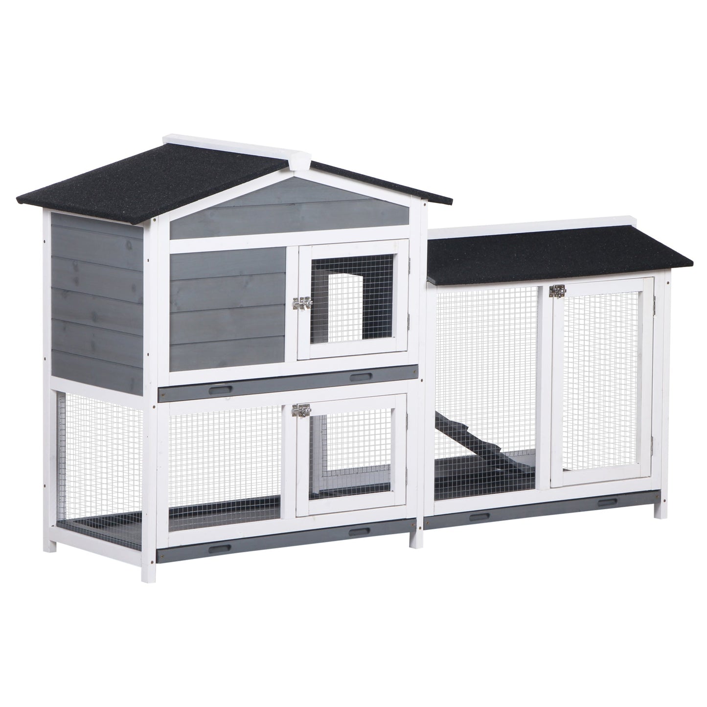 Rabbit Hutch Guinea Pig Hutch Wooden House with Run, 2 Tier Pet Cage Outdoor with No-leak Plastic Trays, 157.4 x 53 x 93.5cm, Grey