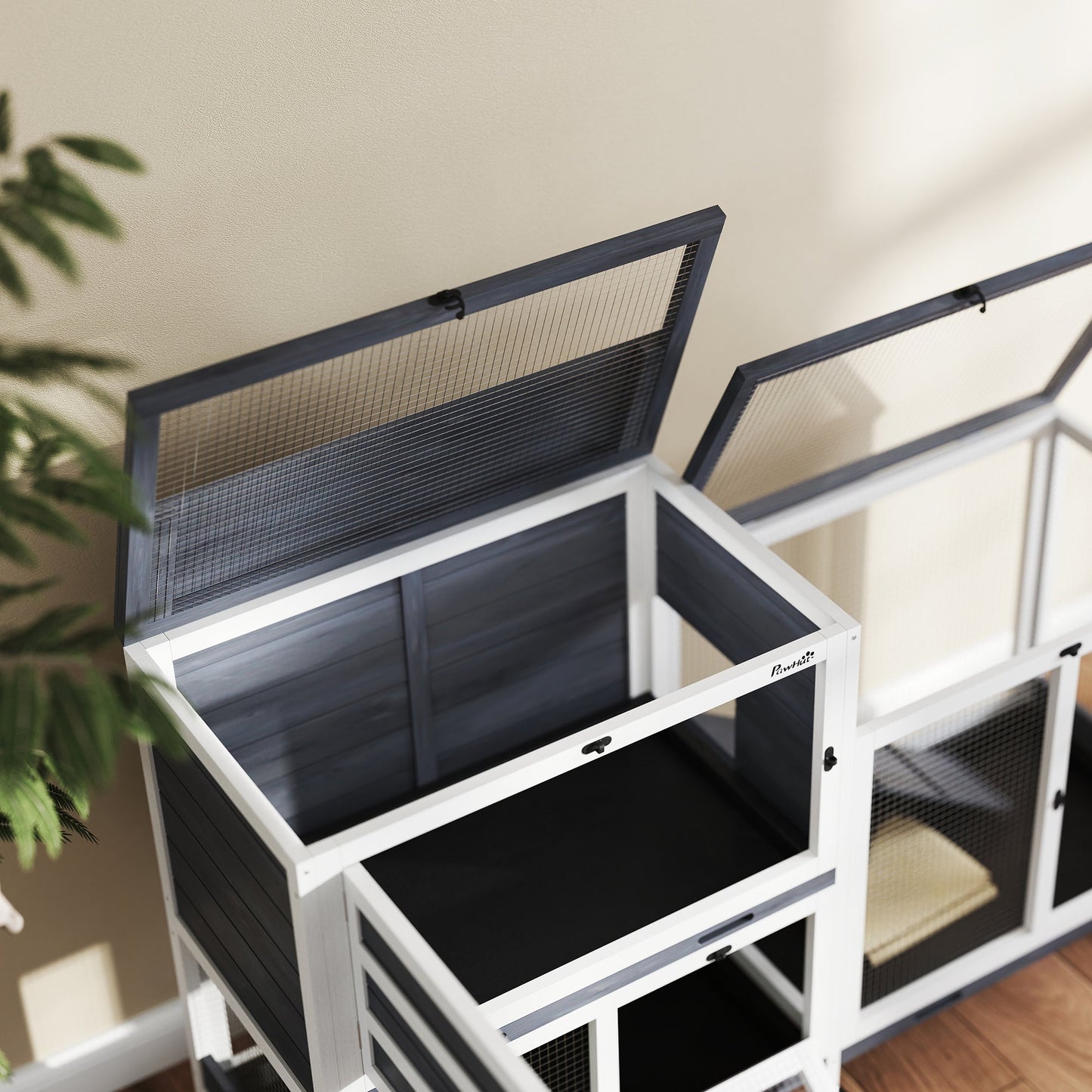 Rabbit Hutch with Run, 2-Tier Wooden Guinea Pig Hutch with Wheels, 2 Openable Tops, 3 Plastic Trays, Small Animal House Indoor for 2-3 Bunnies, Guinea Pigs, 147 x 45 x 89.5cm, Grey