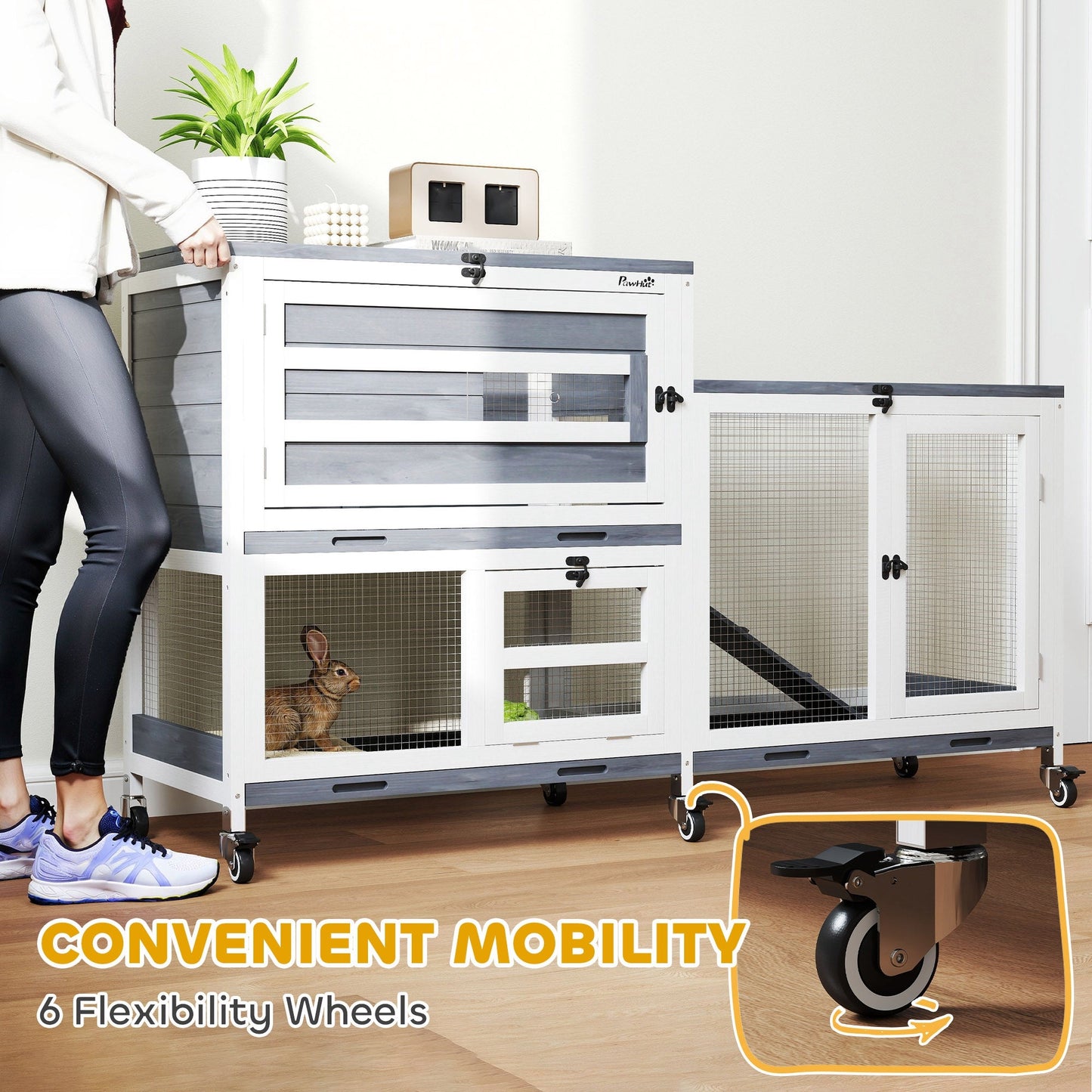 Rabbit Hutch with Run, 2-Tier Wooden Guinea Pig Hutch with Wheels, 2 Openable Tops, 3 Plastic Trays, Small Animal House Indoor for 2-3 Bunnies, Guinea Pigs, 147 x 45 x 89.5cm, Grey