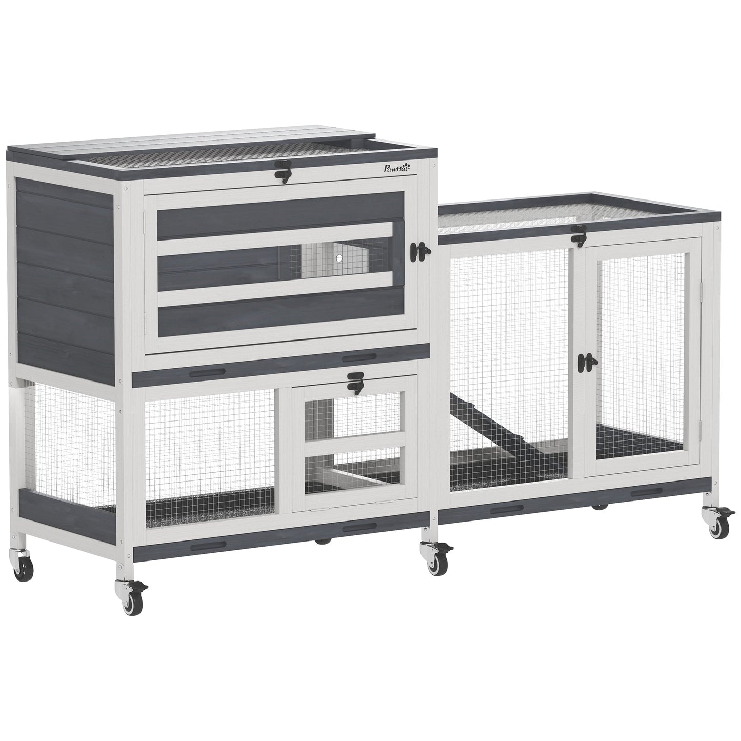 Rabbit Hutch with Run, 2-Tier Wooden Guinea Pig Hutch with Wheels, 2 Openable Tops, 3 Plastic Trays, Small Animal House Indoor for 2-3 Bunnies, Guinea Pigs, 147 x 45 x 89.5cm, Grey
