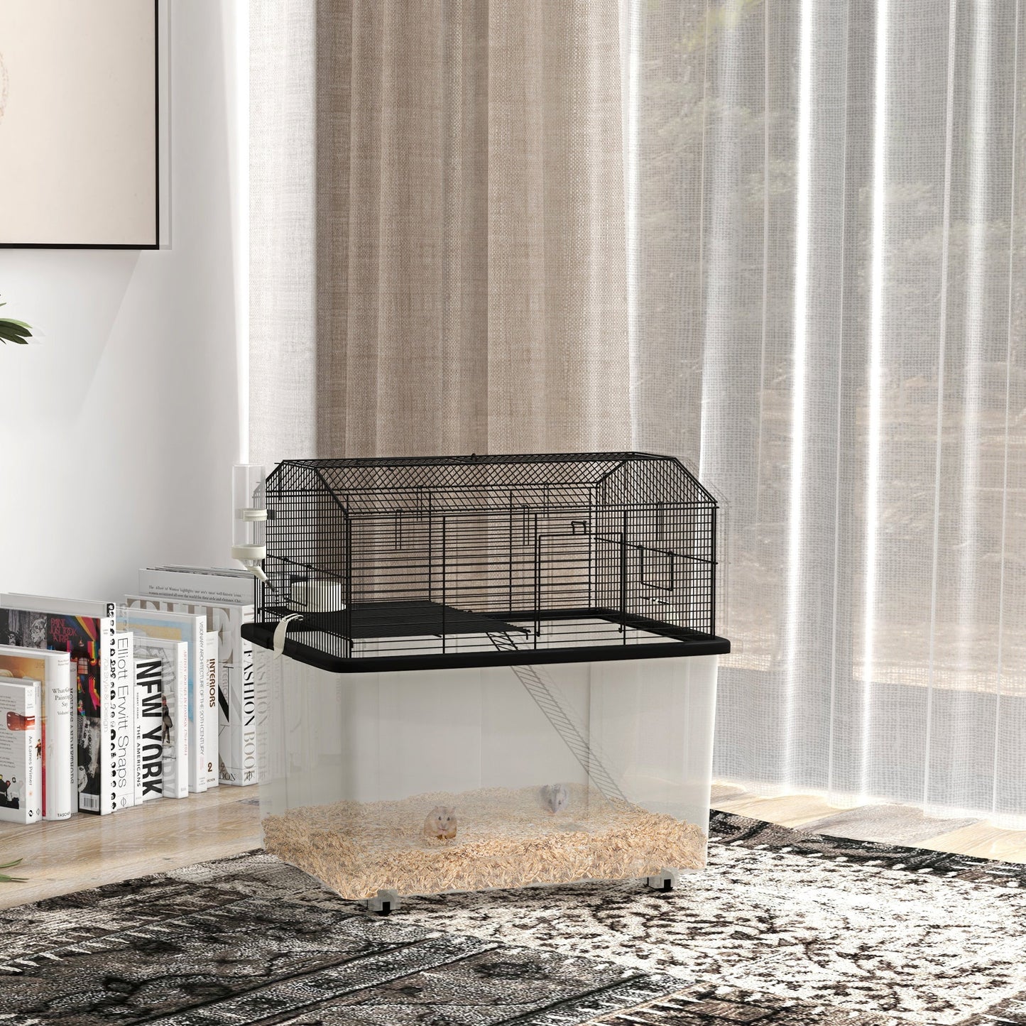 Hamster Cage, Gerbil Cage 2 Tier with Wheels, Deep Bottom, Ramp, Food Dish, Water Bottle, for Dwarf, Syrian, 57 x 43 x 57cm - Black
