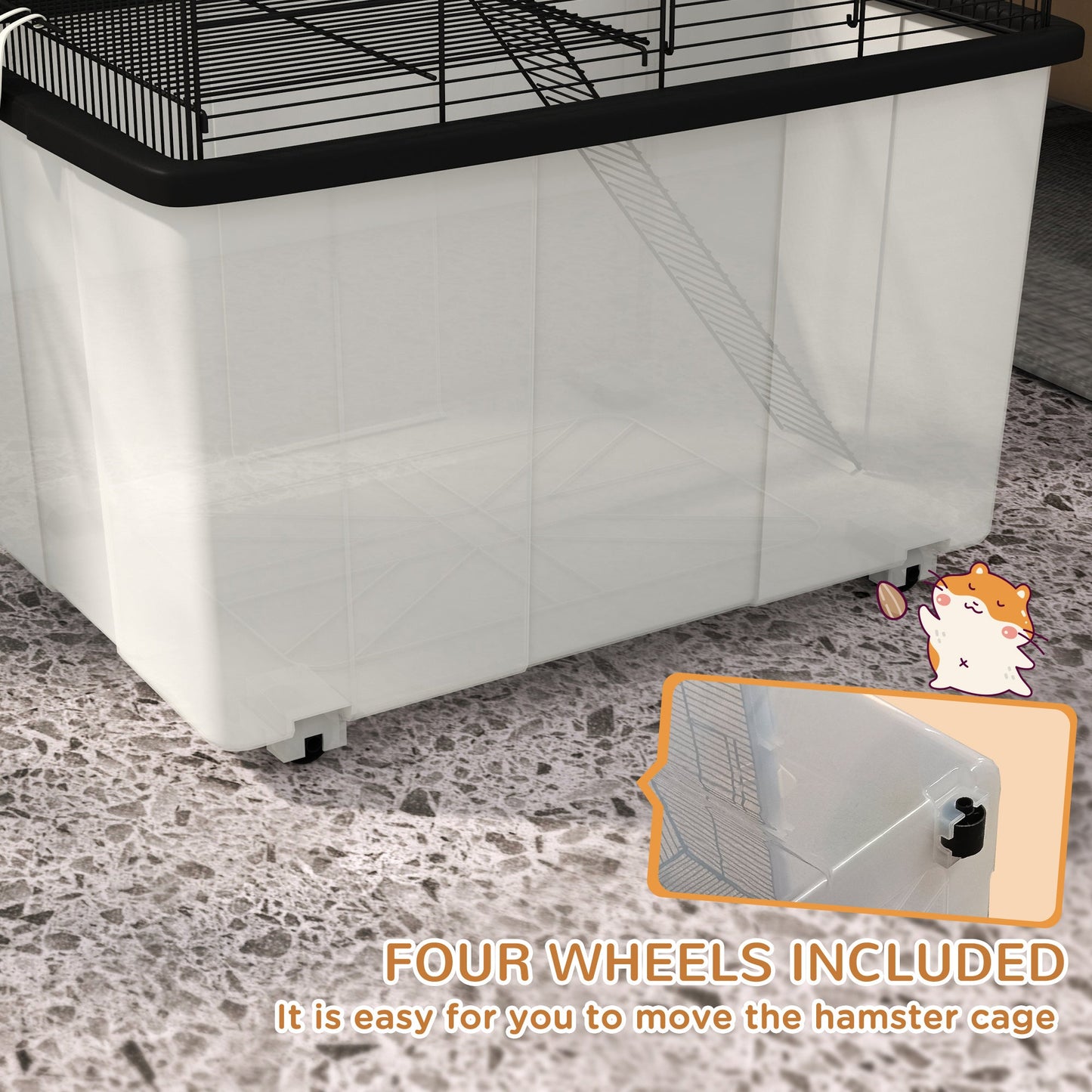 Hamster Cage, Gerbil Cage 2 Tier with Wheels, Deep Bottom, Ramp, Food Dish, Water Bottle, for Dwarf, Syrian, 57 x 43 x 57cm - Black