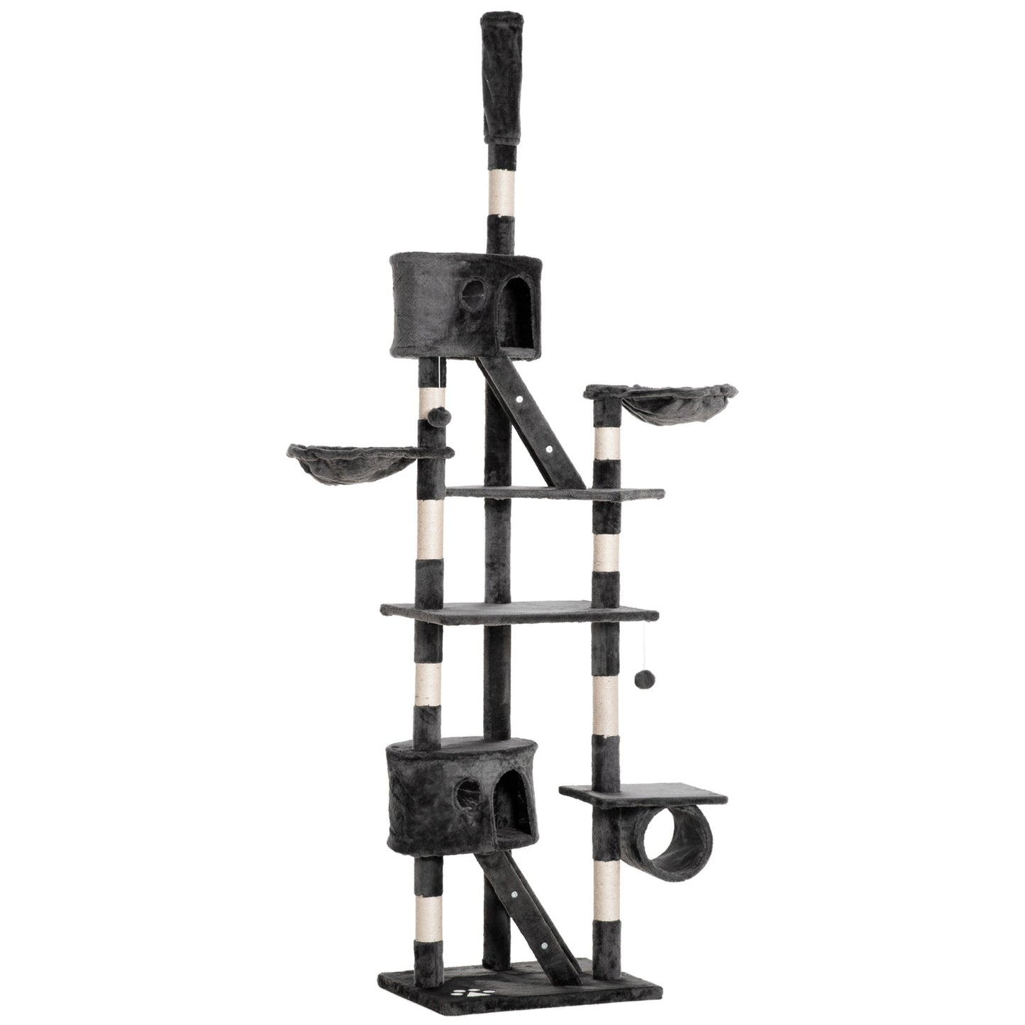 Floor to Ceiling Cat Tree, 240-260cm Adjustable Height Kitten Tower with Scratching Posts, Cat Houses, Ramps, Hammocks, Toy Balls, Tunnel for Indoor Use - Dark Grey