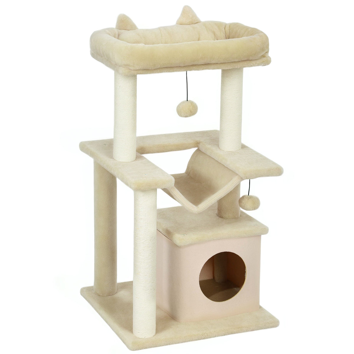 Cat Tree, 90cm Cat Tower with Sisal Scratching Posts, Cat Condo, Hammock, Top Perch and 2 Hanging Toys for Indoor Cats, Beige
