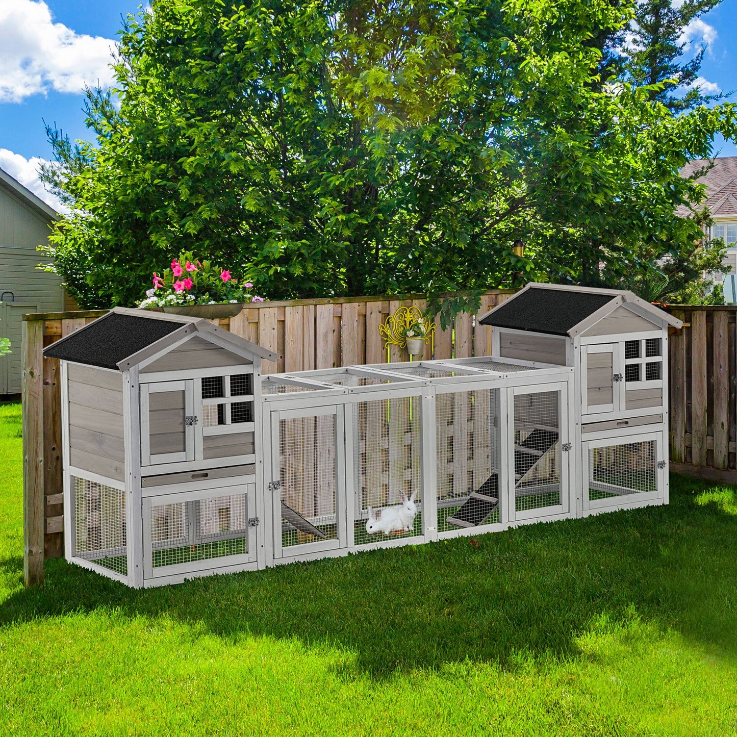 2 in 1 Rabbit Hutch Outdoor Guinea Pig Hutch Bunny Run Double Main House with Run, No-Leak Tray 259 x 64 x 92cm, Grey