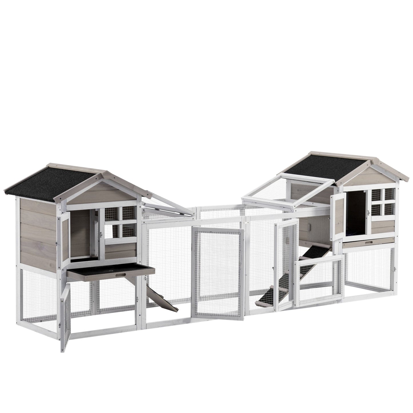 2 in 1 Rabbit Hutch Outdoor Guinea Pig Hutch Bunny Run Double Main House with Run, No-Leak Tray 259 x 64 x 92cm, Grey