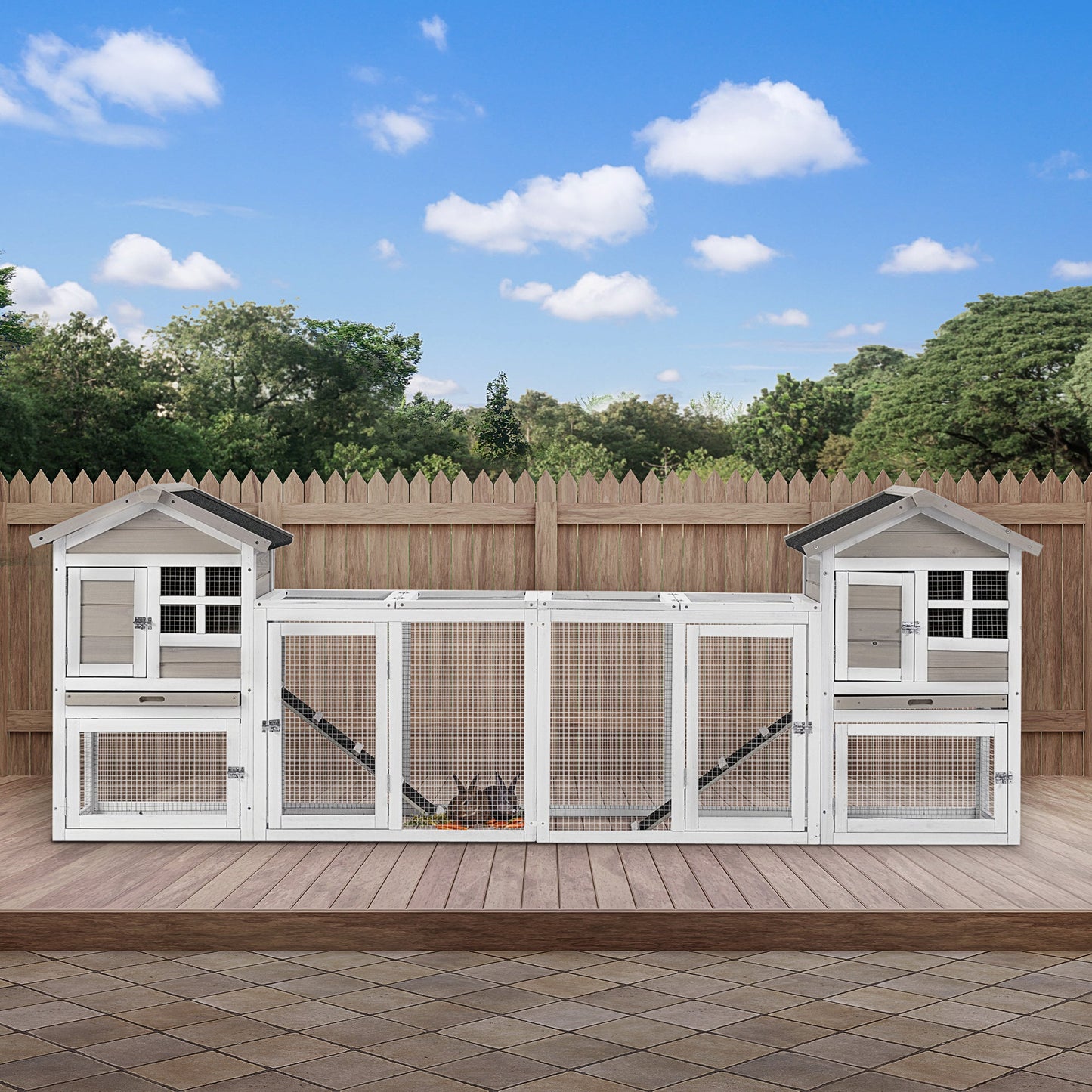 2 in 1 Rabbit Hutch Outdoor Guinea Pig Hutch Bunny Run Double Main House with Run, No-Leak Tray 259 x 64 x 92cm, Grey