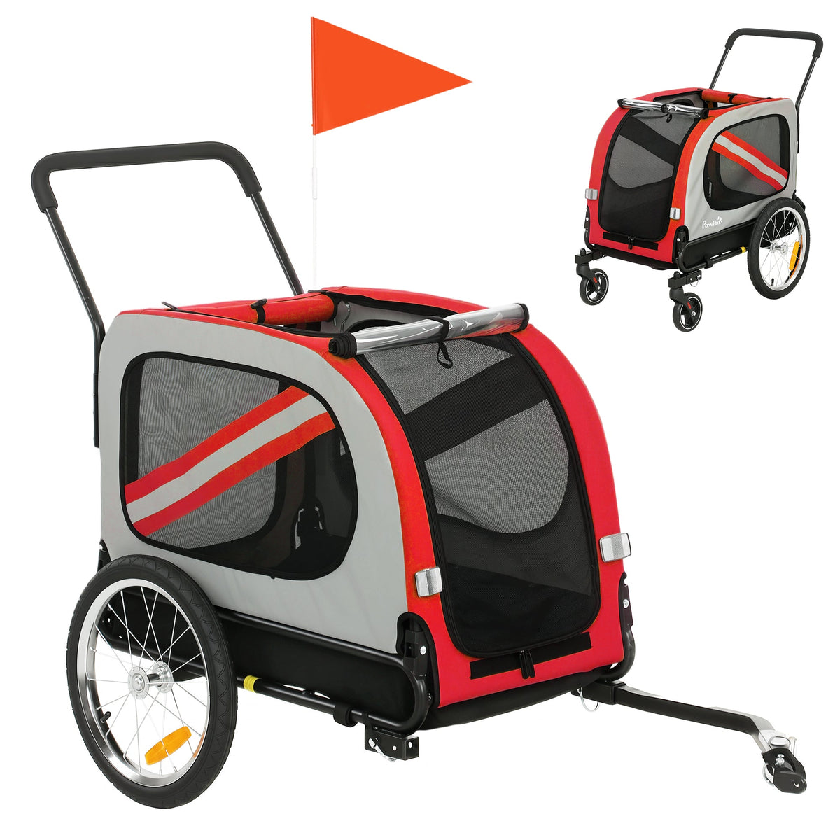 Dog Bike Trailer, 2 in 1 Foldable Pet Stroller Security Harness, Reflectors, Quick Release Wheels, Flag, for Medium Dogs, Red