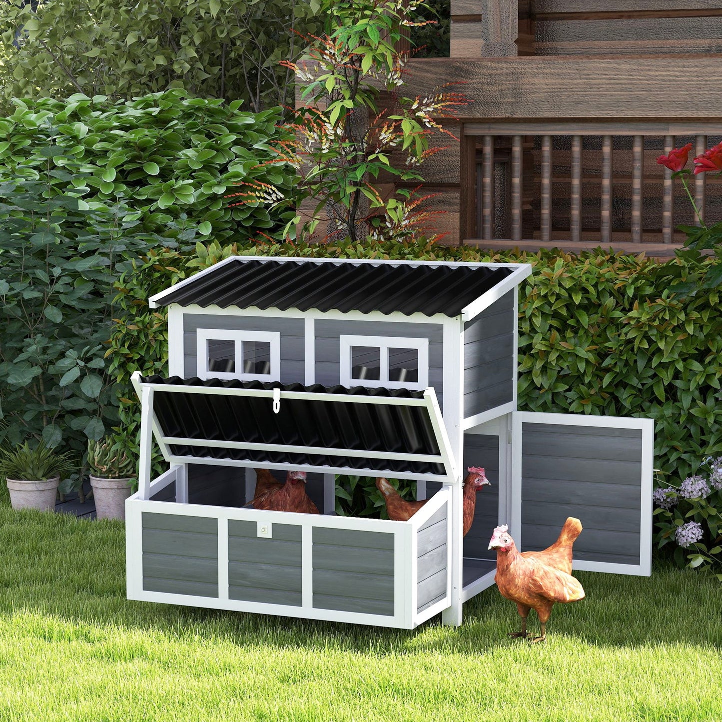 Wooden Chicken Coop with Nesting Box, Hen House Poultry Cage with Slide-Out Tray, Waterproof Roof, Perches, for 4-6 Chickens, 100 x 86 x 100cm