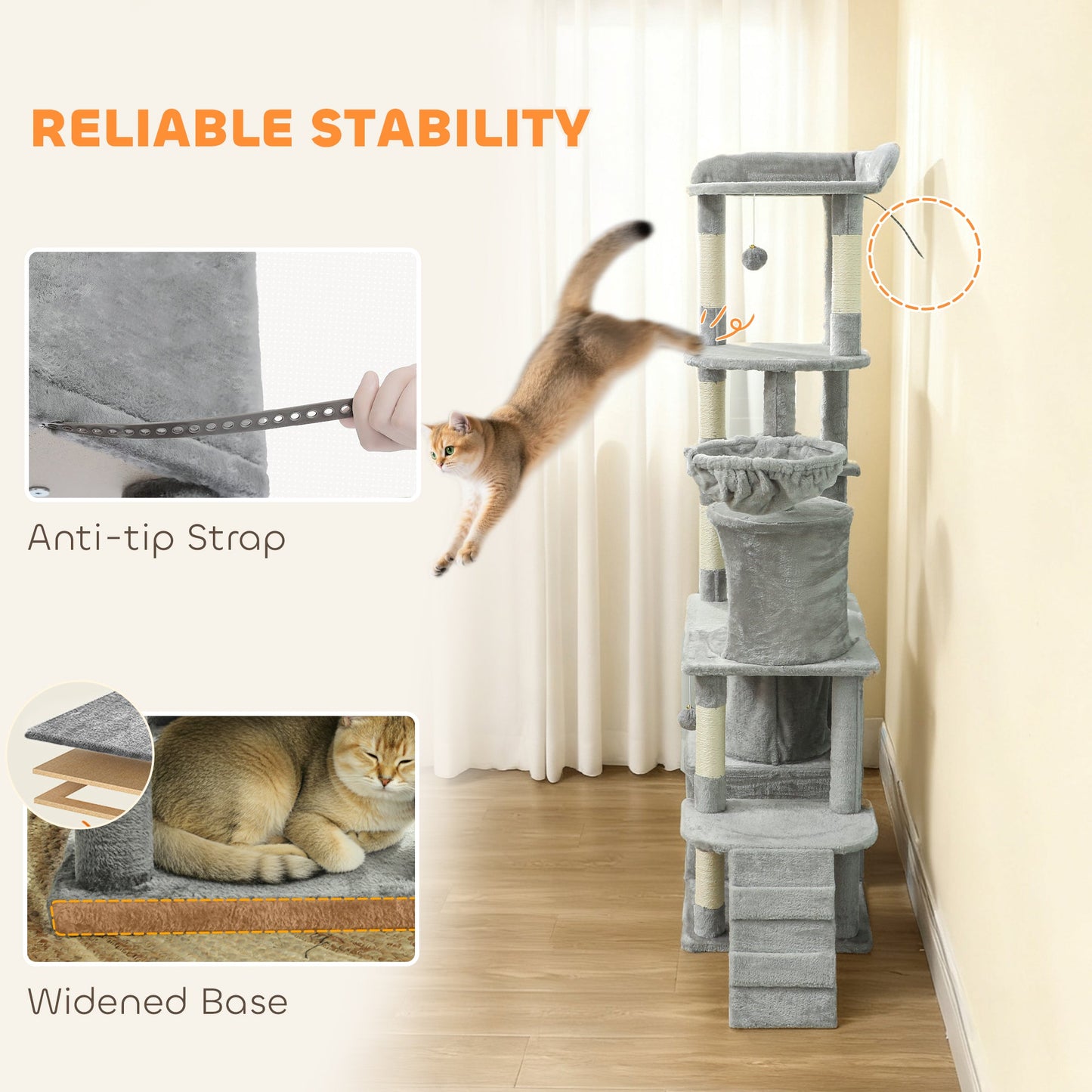 Cat Tree, 170 cm Large Cat Tower with 7 Scratching Posts, 1 Tunnel, 2 Condos, 1 Hammock, 1 Perch, 1 Ramp, 3 Platforms, 2 Pompoms, Multi-Level Kitty House for Indoor Kittens, Light Grey