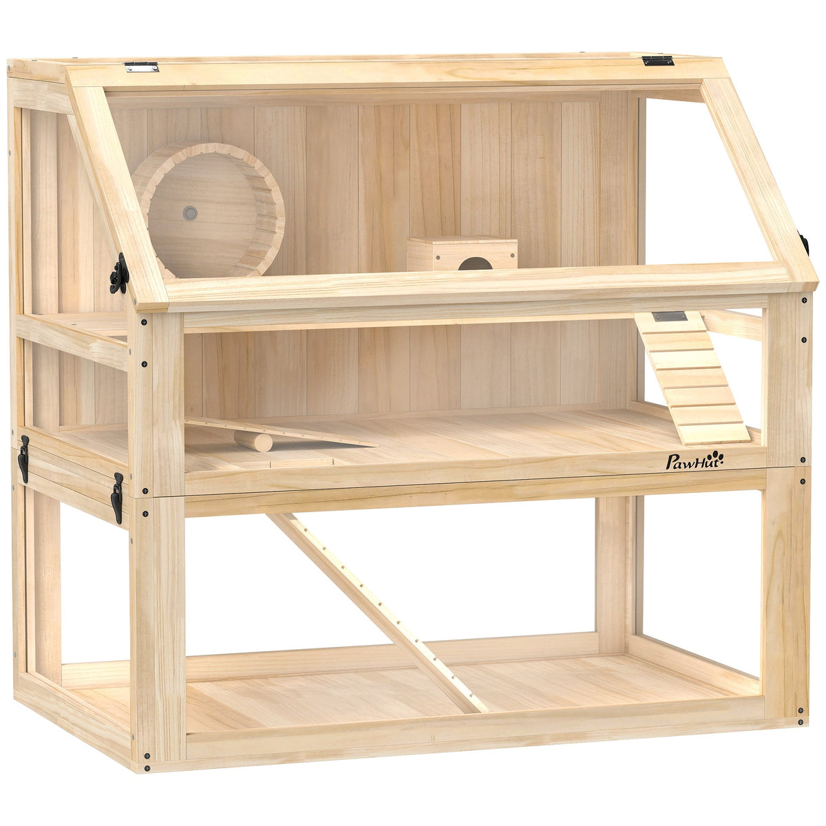 Wooden Hamster Cage, 3 Tier Small Gerbil Cage with Detachable 31cm Deep Bottom, Hut, Seesaw, Exercise Wheel, Ramps, Natural Wood Finish
