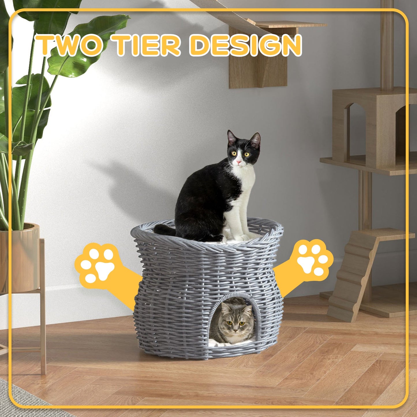 2-Tier Wicker Cat House Elevated Pet Bed Basket Willow Kitten Tower Pet Den. Cozy Cave with Washable Cushions 56x37x40cm Grey