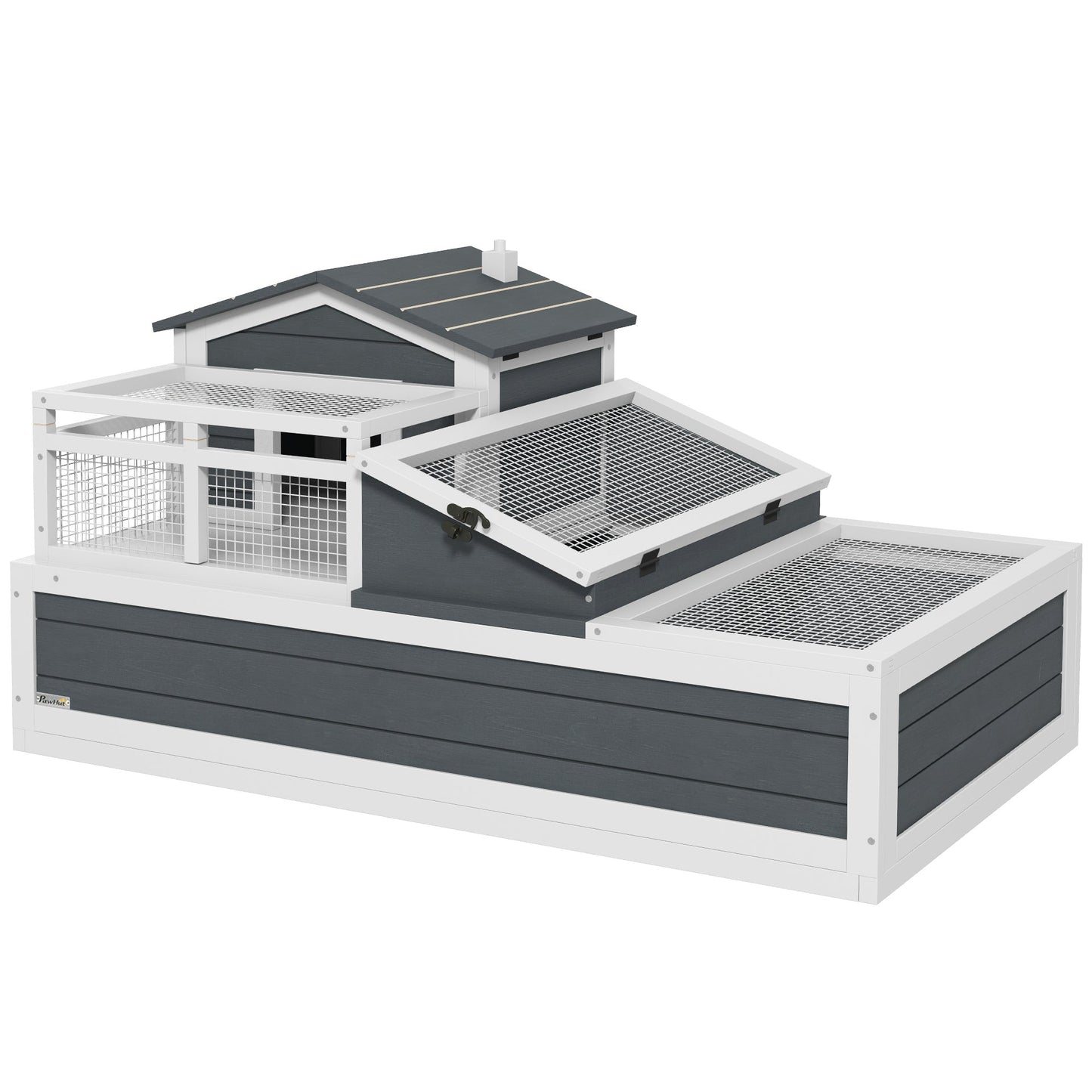 Tortoise House 3-Room Wooden Tortoise Enclosure Large Reptile Cage with 2 Stories, Ladder, Balcony, Tray, Openable Roof, 59H x 112L x 65Wcm, Grey