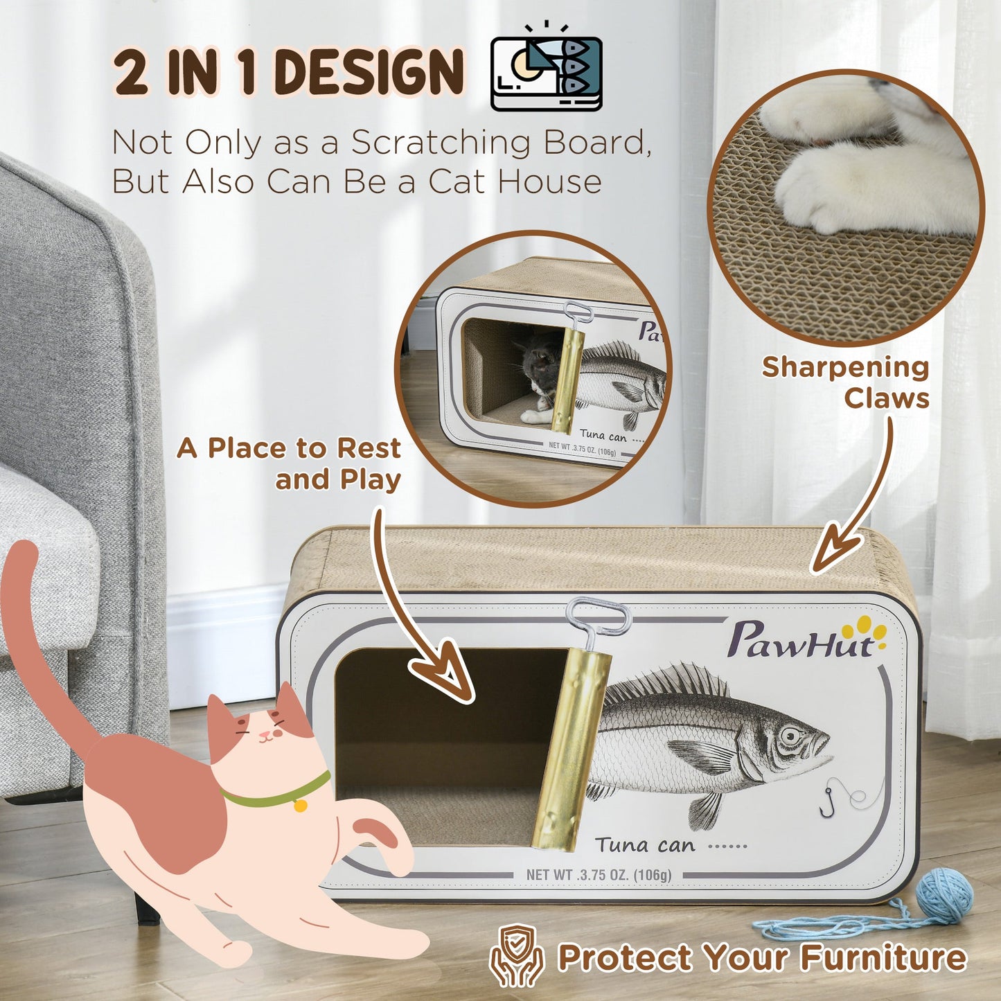 Cat Scratching Board, 2 in 1 Cat Scratcher Cardboard with Catnip, Canned Tuna Design Cat House for Indoor Kitty, Cream White