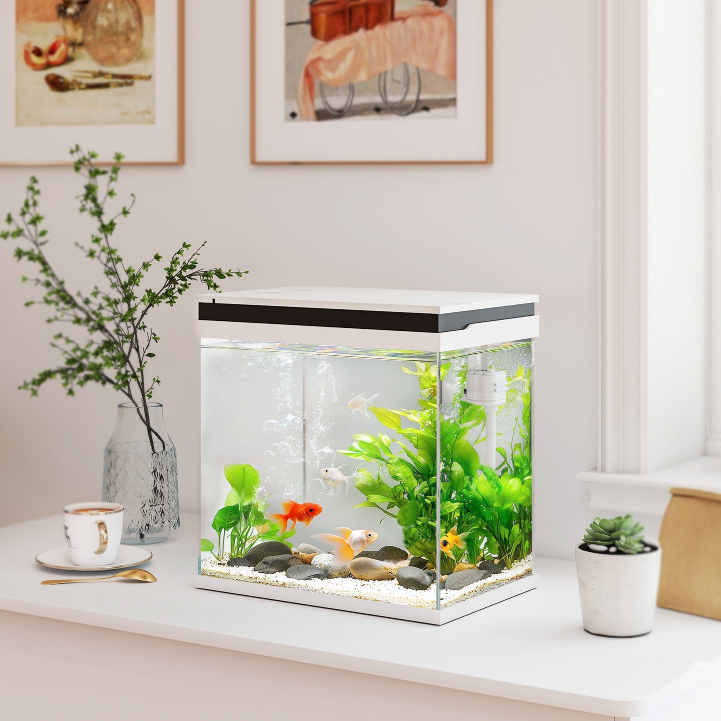 Fish Tank, 26L Glass Aquarium with Filter System, LED Lights, Water Pump, Betta Fish Tank for Goldfish, Shrimps, White