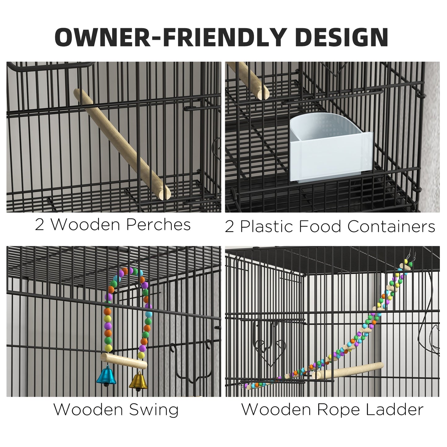 2 Tier Bird Cage, Budgie Cage with Stand, Swing, Rope, Ladder, Wheels, Shelf, Tray, Perches, Food Containers, for Canaries, Lovebirds, Finches