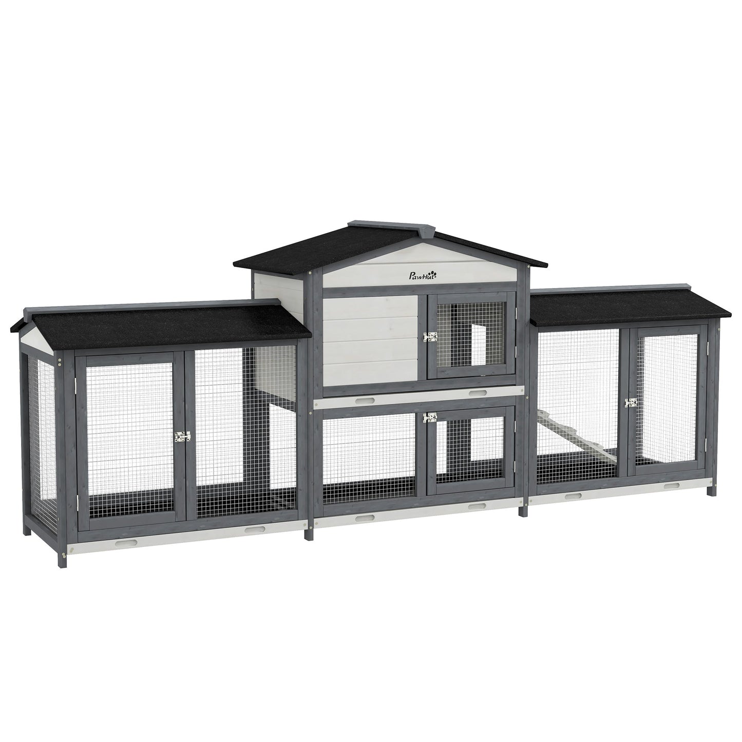 Large Rabbit Hutch Outdoor, 2-Tier Guinea Pig Hutch, Wooden Bunny Run, Small Animal House with Double Side Run Boxes, No-leak Plastic Tray, Ramp, 230 x 53 x 93.5cm, Light Grey