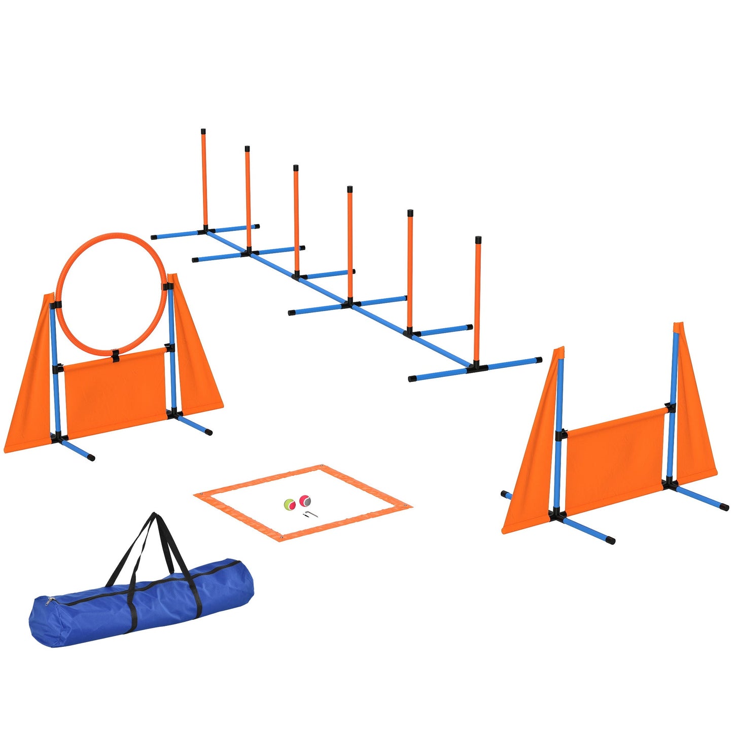 6-Piece Dog Agility Equipment, Pet Agility Training Set with Weave Poles, Jump Ring, Hurdle, Pause Box, Obstacle Training Course Kit with Bag, Orange