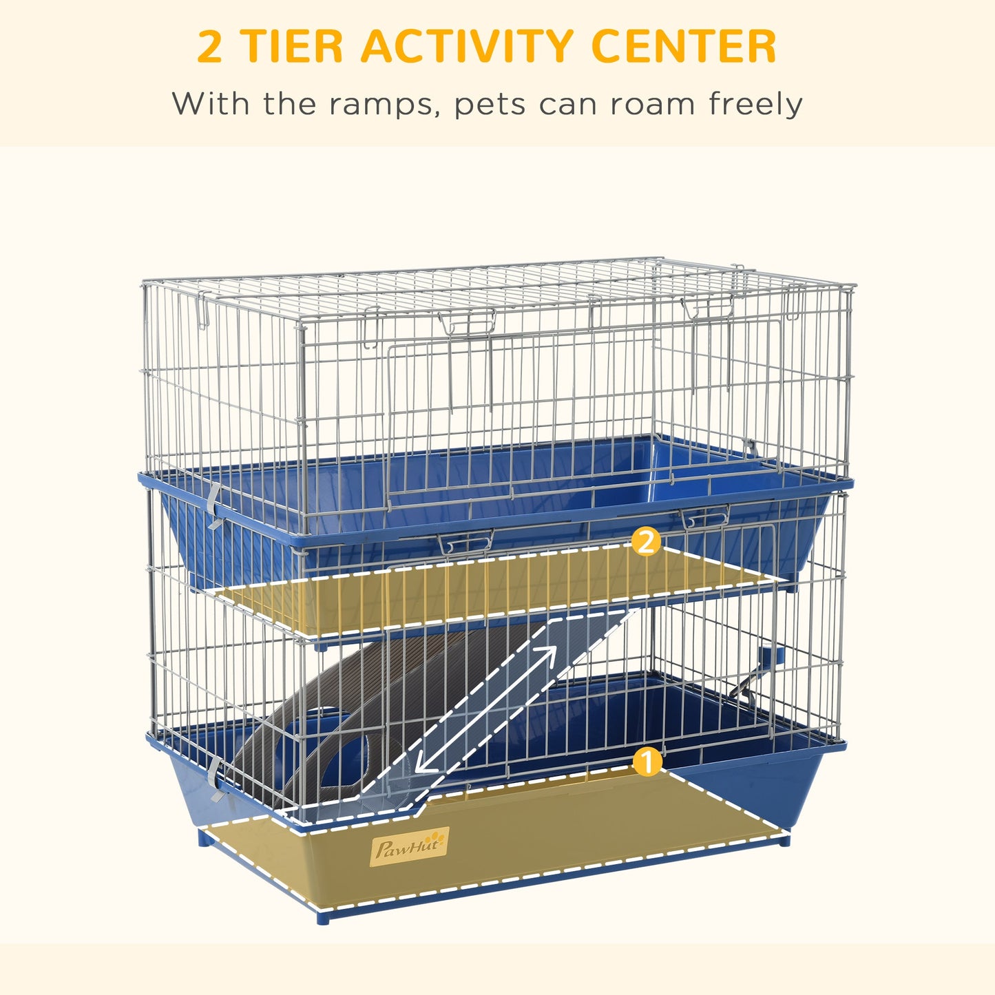 Double Tier Small Animal Cage Rabbit Chinchillas Cage w/ Ramp Food Dish Water Bottle Deep Trays Pet Home 72 x 44 x 67 cm