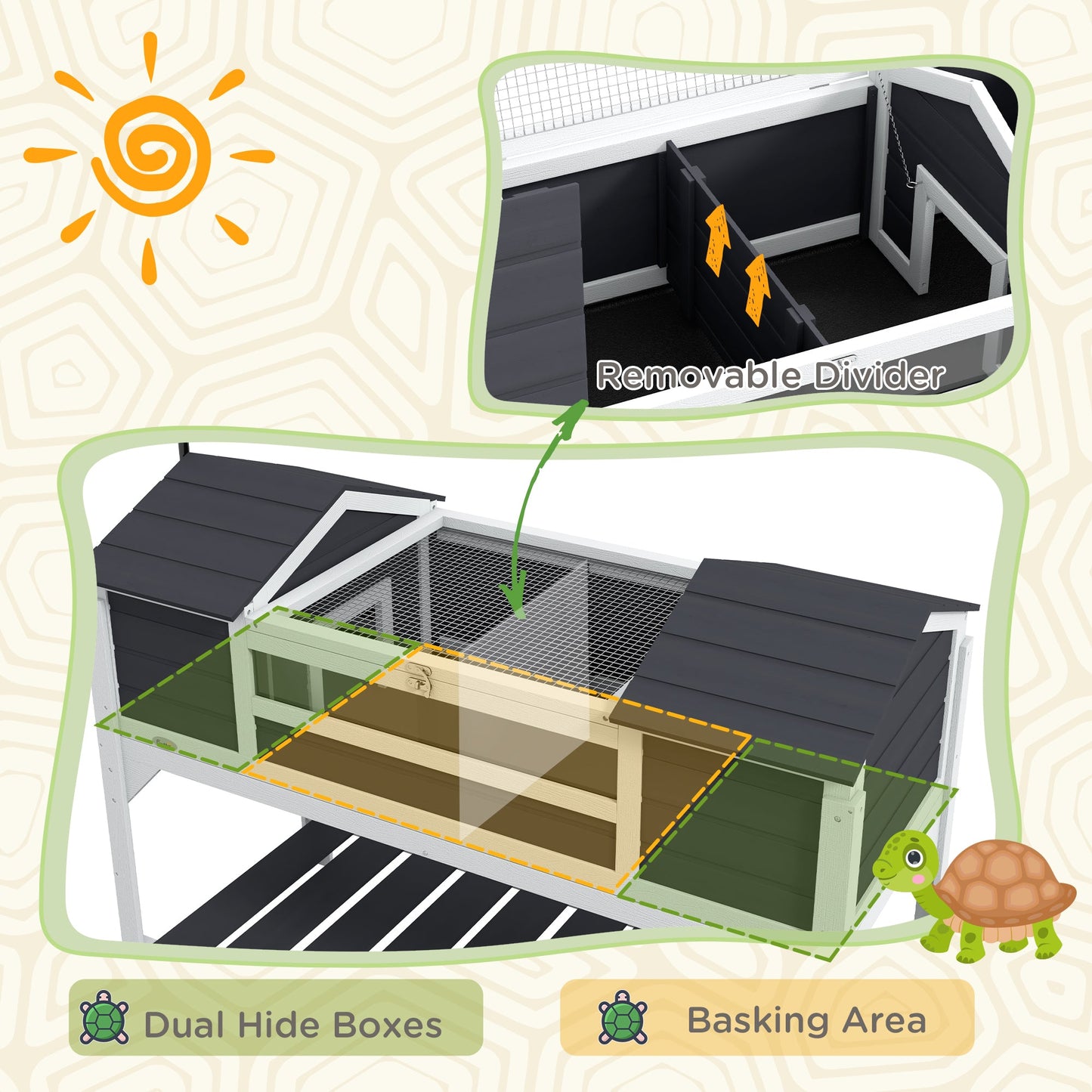 Tortoise House, Wooden Tortoise Enclosure with Adjustable Lamp Holder, Tortoise Table with Openable Lid, Dual Main Houses, Storage Shelf, Basking Area, Fixed Tray - Grey
