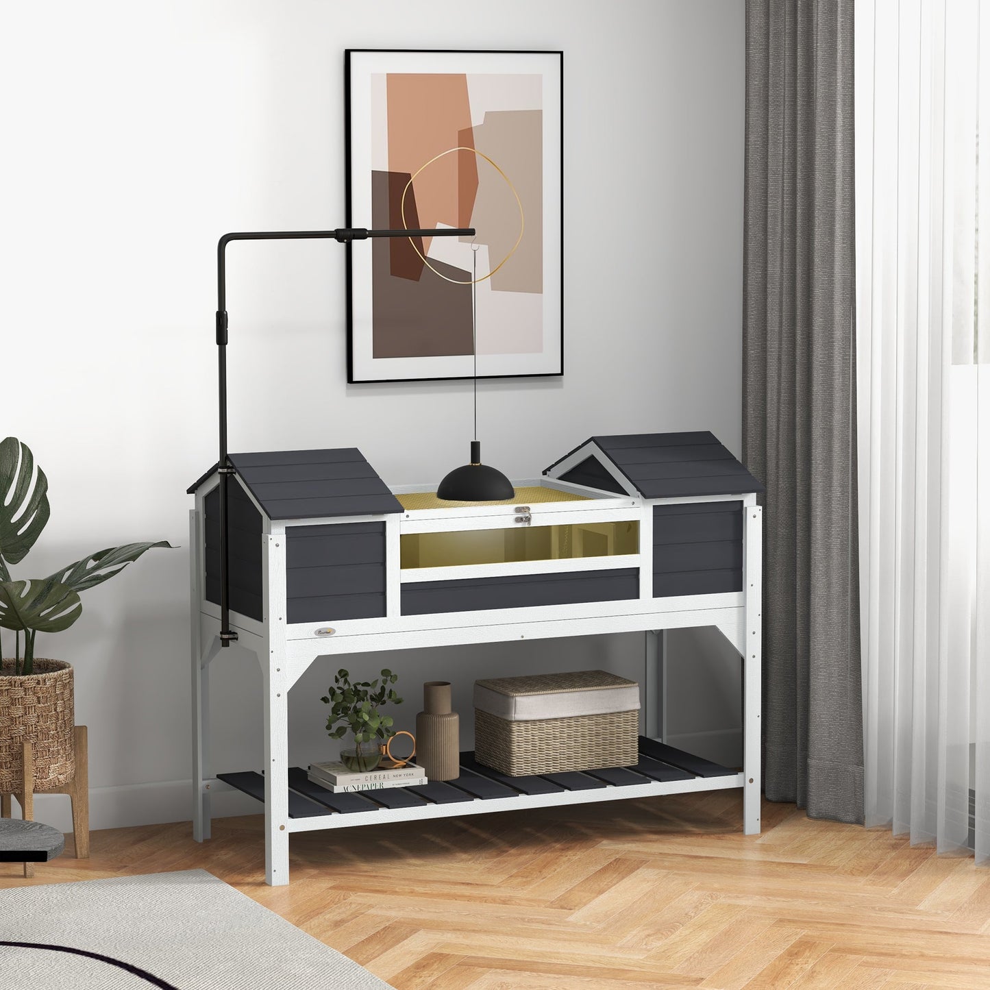 Tortoise House, Wooden Tortoise Enclosure with Adjustable Lamp Holder, Tortoise Table with Openable Lid, Dual Main Houses, Storage Shelf, Basking Area, Fixed Tray - Grey