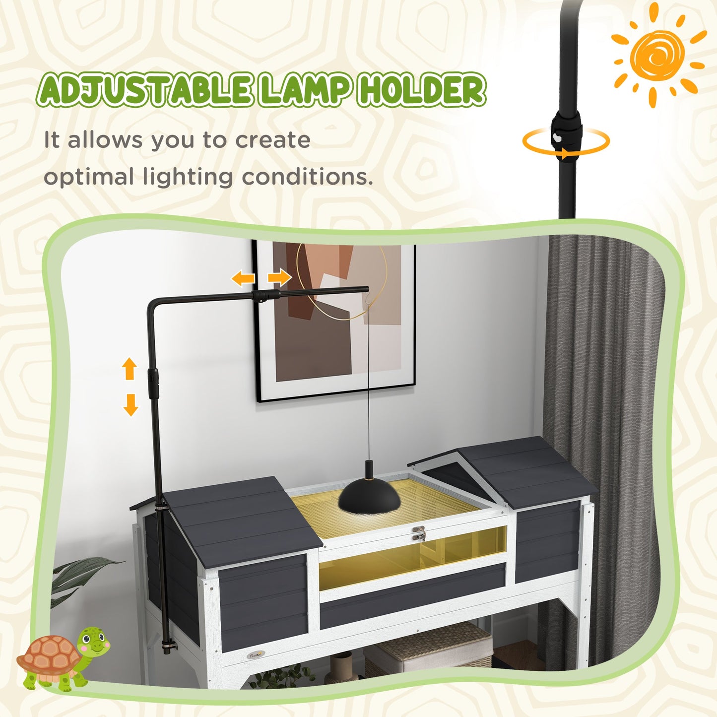 Tortoise House, Wooden Tortoise Enclosure with Adjustable Lamp Holder, Tortoise Table with Openable Lid, Dual Main Houses, Storage Shelf, Basking Area, Fixed Tray - Grey