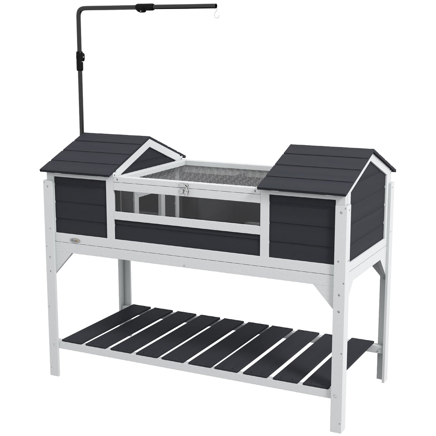Tortoise House, Wooden Tortoise Enclosure with Adjustable Lamp Holder, Tortoise Table with Openable Lid, Dual Main Houses, Storage Shelf, Basking Area, Fixed Tray - Grey