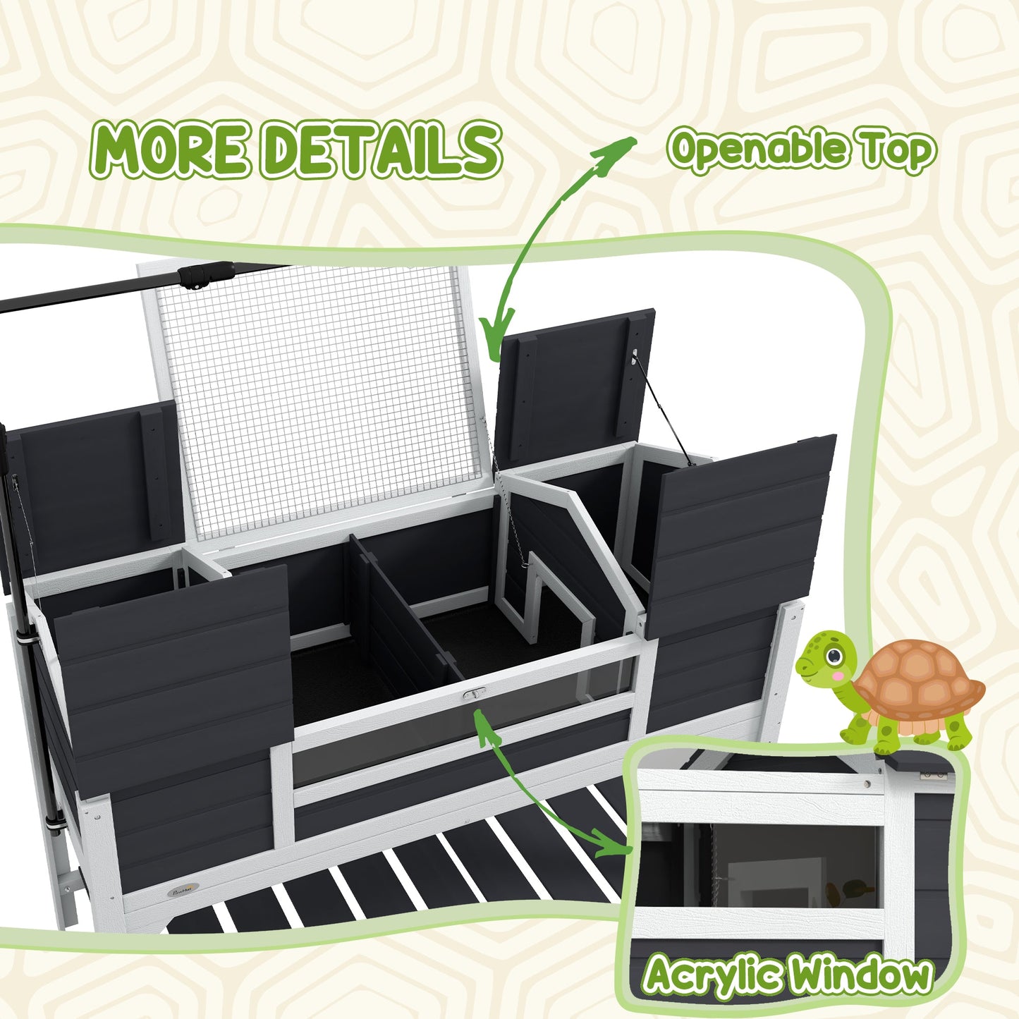 Tortoise House, Wooden Tortoise Enclosure with Adjustable Lamp Holder, Tortoise Table with Openable Lid, Dual Main Houses, Storage Shelf, Basking Area, Fixed Tray - Grey